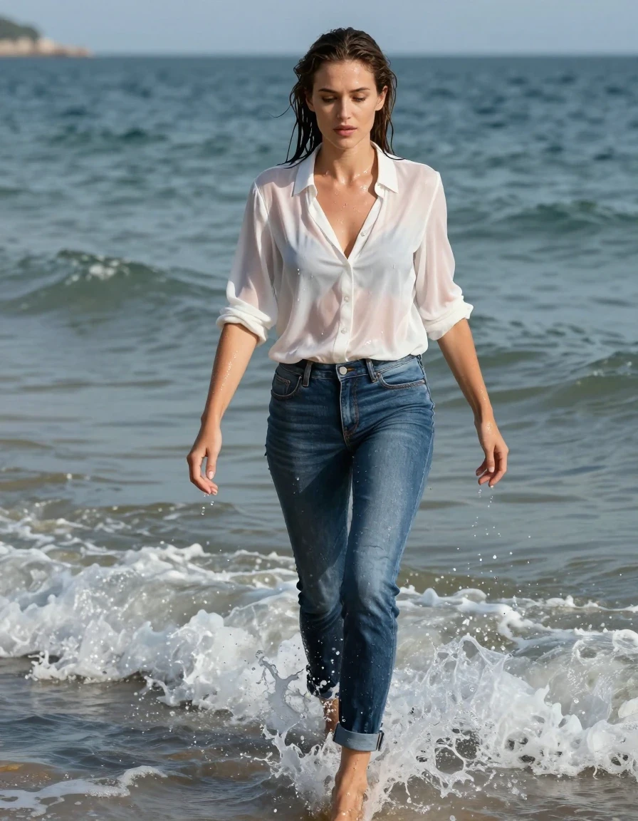 photo of young woman, in soaking wet, drenched clothes,
high-heels, blue jeans, white silk blouse, wading through the surf, 
enjoying, wet clothes stuck to body,
detailed textures of the wet clothes, wet face, wet plastered hair,
wet, drenched, professional, high-quality details, full body view.
sharp focus, ultra-high pixel detail, realistic, high-quality, full colors, incredibly detailed, 4k, 8k, 16k, hyper-realistic, RAW photo, masterpiece, ultra-detailed, professionally color graded, professional photograph, wet skin, wet clothes, damp fabric