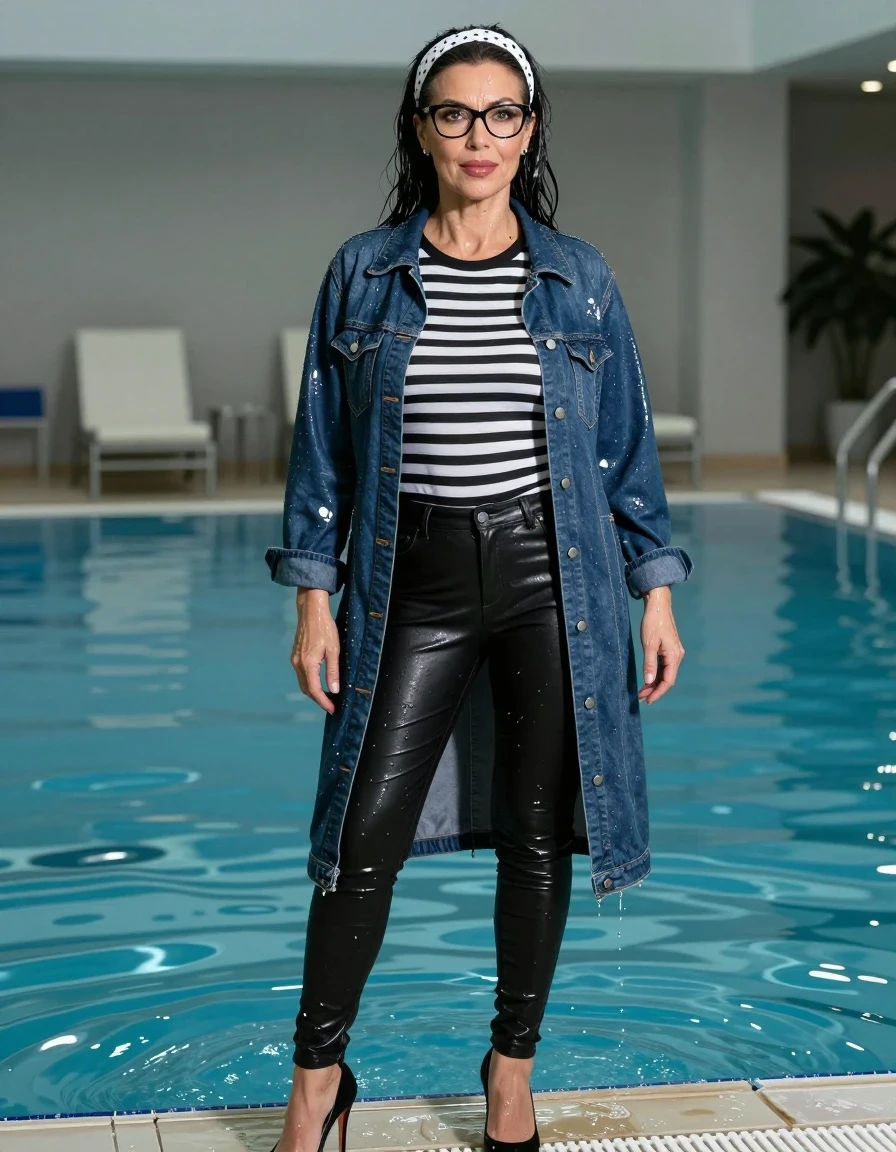 photo of young woman, in soaking wet, drenched clothes,
high-heeled shoes, long black shiny tight leather jeans, long black & white striped shiny shirt, maxi dark blue shiny denim jacket, standing complete submerged under the water of the indoor pool, 
enjoying, wet clothes stuck to body,
detailed textures of the wet clothes, wet face, wet plastered hair,
wet, drenched, professional, high-quality details, full body view.
sharp focus, ultra-high pixel detail, realistic, high-quality, full colors, incredibly detailed, 4k, 8k, 16k, hyper-realistic, RAW photo, masterpiece, ultra-detailed, professionally color graded, professional photograph, europen brunette skinny woman 50 years old, long dark black hair, white polka-dot headband, office glasses, very big and thick lips, complete body, wet skin, wet clothes, damp fabric, wet skin, wet clothes, damp fabric, wet skin, wet clothes, damp fabric, wet skin, wet clothes, damp fabric, wet skin, wet clothes, damp fabric, wet skin, wet clothes, damp fabric, wet skin, wet clothes, damp fabric