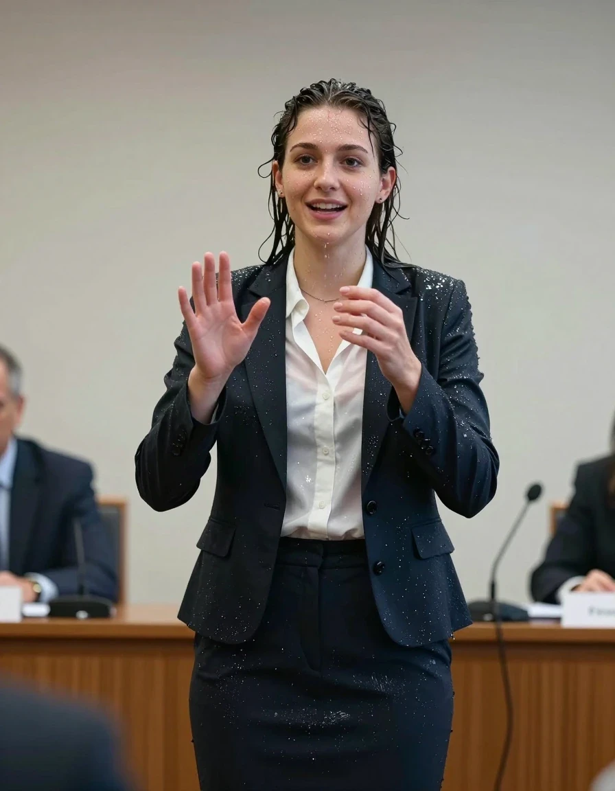 photo of young woman, in soaking wet, drenched clothes,
Shoes , Office trousers or skirt, Opened shirt and jacket, Speech in conference, 
enjoying, wet clothes stuck to body,
detailed textures of the wet clothes, wet face, wet plastered hair,
wet, drenched, professional, high-quality details, full body view.
sharp focus, ultra-high pixel detail, realistic, high-quality, full colors, incredibly detailed, 4k, 8k, 16k, hyper-realistic, RAW photo, masterpiece, ultra-detailed, professionally color graded, professional photograph, Teenager smiling. Boobs are visible., wet skin, wet clothes, damp fabric