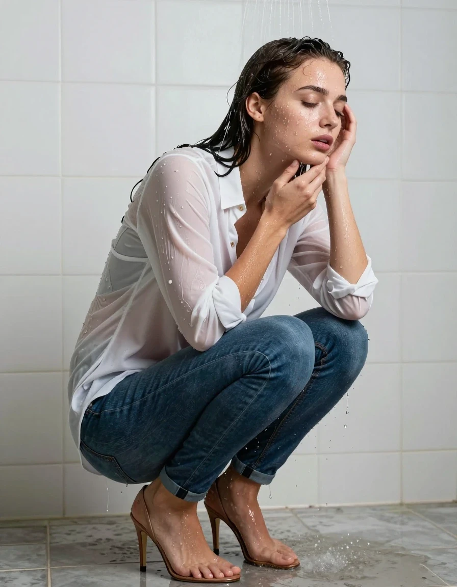 photo of young woman, in soaking wet, drenched clothes,
high-heels, blue jeans, white blouse, shower, 
enjoying, wet clothes stuck to body,
detailed textures of the wet clothes, wet face, wet plastered hair,
wet, drenched, professional, high-quality details, full body view.
sharp focus, ultra-high pixel detail, realistic, high-quality, full colors, incredibly detailed, 4k, 8k, 16k, hyper-realistic, RAW photo, masterpiece, ultra-detailed, professionally color graded, professional photograph, wet skin, wet clothes, damp fabric