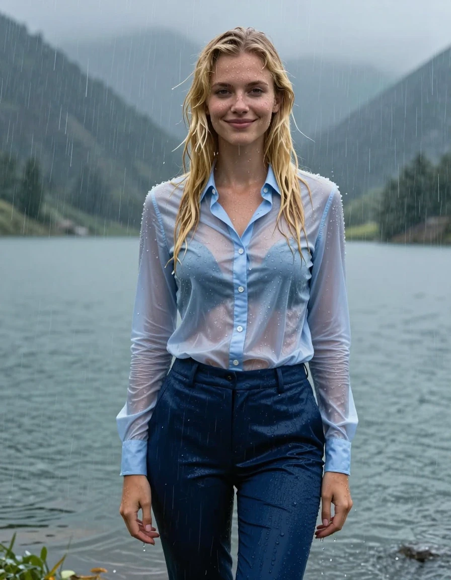 A stunning, photorealistic full-body portrait of a young European woman with long, layered blonde hair parted to the side, standing in the middle of a mountain lake during a torrential rainstorm. She is wearing a light blue button-down long-sleeve shirt with the collar popped up, and dark blue business suit trousers. Her entire appearance is completely drenched; the fabric of her shirt is soaking wet, heavy with water, clinging tightly to her torso, and becoming translucent, revealing wet skin underneath. Her trousers are saturated, showing deep, dark blue tones, heavy wet folds, and water-sheen reflections. Her skin is glistening with rain, hair plastered to her face and shoulders, with water droplets streaming down her features. She has an open-eyed, gentle, slight smile. The environment features a dramatic, moody mountain lake under a heavy downpour, with rain streaking the air and creating ripples on the water surface. Shot in 4k high resolution, cinematic lighting, emphasizing the tactile quality of damp, clinging fabric, hyper-realistic wet skin texture, and atmospheric storm lighting.