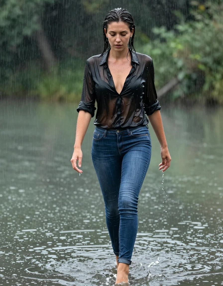 photo of young woman, in soaking wet, drenched clothes,
high-heels, blue jeans, black silk blouse, no underwear, see-through, walking in the lake, 
enjoying, wet clothes stuck to body,
detailed textures of the wet clothes, wet face, wet plastered hair,
wet, drenched, professional, high-quality details, full body view.
sharp focus, ultra-high pixel detail, realistic, high-quality, full colors, incredibly detailed, 4k, 8k, 16k, hyper-realistic, RAW photo, masterpiece, ultra-detailed, professionally color graded, professional photograph, heavy rain, completely soaked, drenched, dripping wet, wet skin, wet clothes, damp fabric