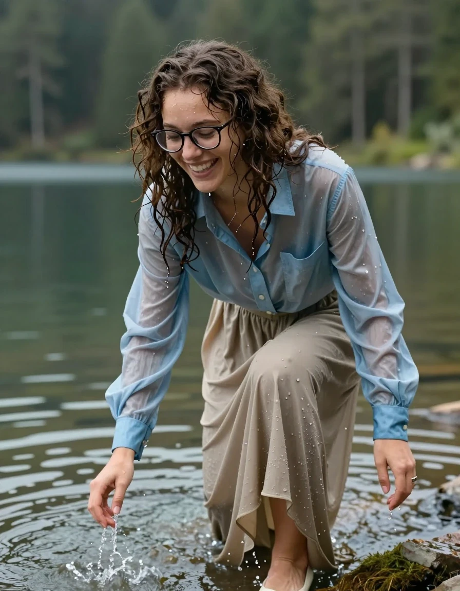 photo of young woman, in soaking wet, drenched clothes,
court shoes, beige floor-length excessively long skirt, nylon oversized long-sleeved buttoned-down light blue shirt, forest lake, 
enjoying, wet clothes stuck to body,
detailed textures of the wet clothes, wet face, wet plastered hair,
wet, drenched, professional, high-quality details, full body view.
sharp focus, ultra-high pixel detail, realistic, high-quality, full colors, incredibly detailed, 4k, 8k, 16k, hyper-realistic, RAW photo, masterpiece, ultra-detailed, professionally color graded, professional photograph, brunette european curly hair with glasses, crawling out of the lake laughing, wet skin, wet clothes, damp fabric