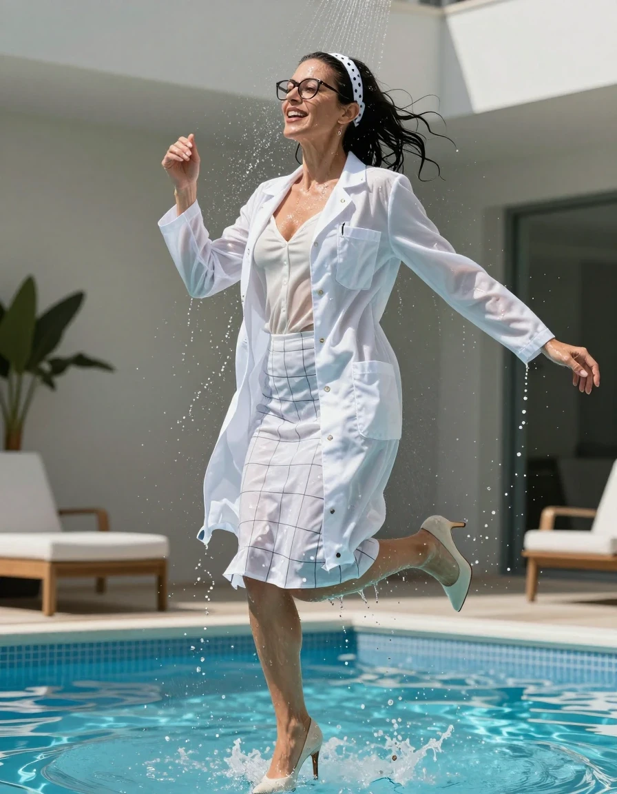 photo of young woman, in soaking wet, drenched clothes,
high-heeled shoes, midi white flared plaid skirt, maxi white shiny labcoat and white satin blouse, jumping in the sunny indoor pool, spraying his clothes with the shower, after bath, 
enjoying, wet clothes stuck to body,
detailed textures of the wet clothes, wet face, wet plastered hair,
wet, drenched, professional, high-quality details, full body view.
sharp focus, ultra-high pixel detail, realistic, high-quality, full colors, incredibly detailed, 4k, 8k, 16k, hyper-realistic, RAW photo, masterpiece, ultra-detailed, professionally color graded, professional photograph, europen brunette skinny woman 50 years old, long dark black hair, white polka-dot headband, office glasses, very big and thick lips, complete body, wet skin, wet clothes, damp fabric, wet skin, wet clothes, damp fabric, wet skin, wet clothes, damp fabric, wet skin, wet clothes, damp fabric, wet skin, wet clothes, damp fabric, wet skin, wet clothes, damp fabric, wet skin, wet clothes, damp fabric