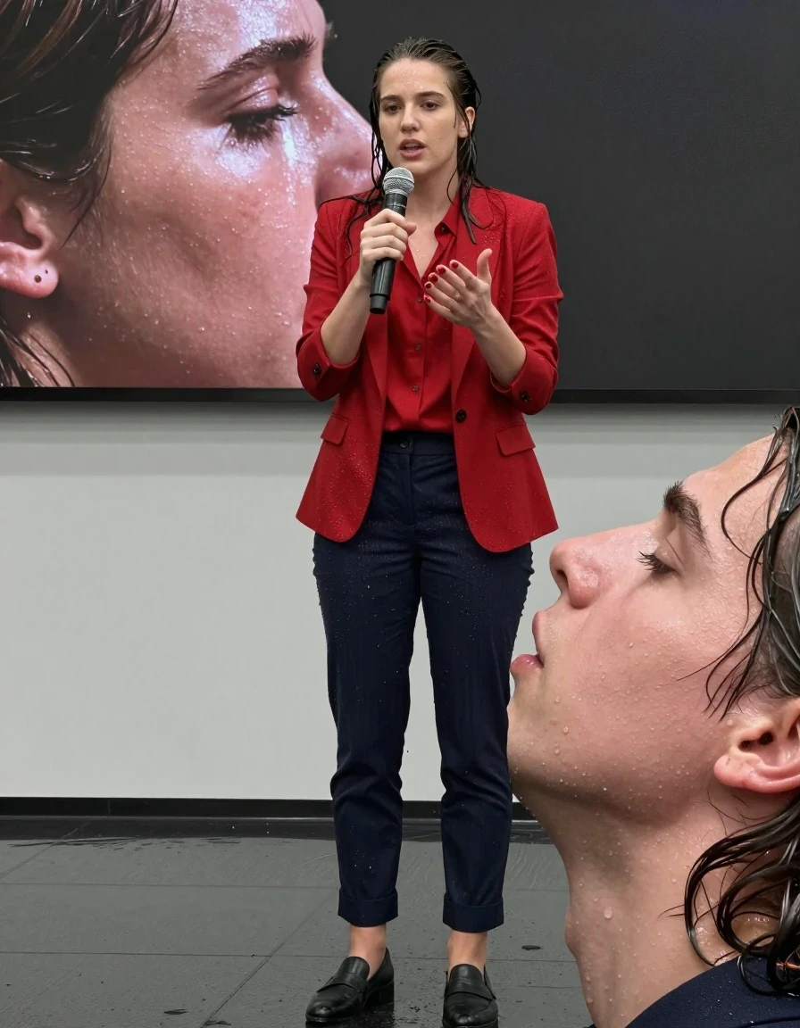 photo of young woman, in soaking wet, drenched clothes,
Shoes , Office trousers or skirt, Red shirt and jacket, Speech in conference, 
enjoying, wet clothes stuck to body,
detailed textures of the wet clothes, wet face, wet plastered hair,
wet, drenched, professional, high-quality details, full body view.
sharp focus, ultra-high pixel detail, realistic, high-quality, full colors, incredibly detailed, 4k, 8k, 16k, hyper-realistic, RAW photo, masterpiece, ultra-detailed, professionally color graded, professional photograph, Teenager kissing man., wet skin, wet clothes, damp fabric