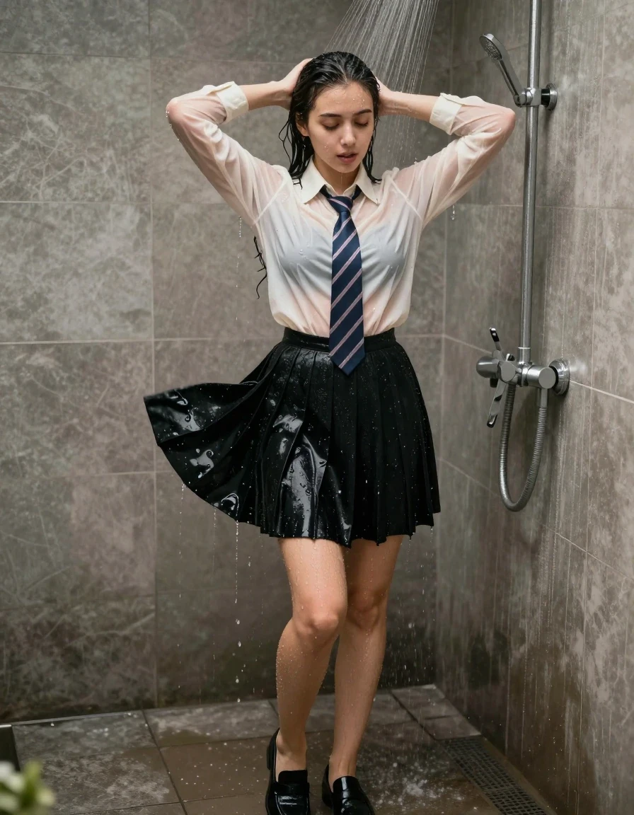 photo of young woman, in soaking wet, drenched clothes,
Black shoes, Black pleated skirt, Cream long sleeve shirt and striped tie , Shower, 
enjoying, wet clothes stuck to body,
detailed textures of the wet clothes, wet face, wet plastered hair,
wet, drenched, professional, high-quality details, full body view.
sharp focus, ultra-high pixel detail, realistic, high-quality, full colors, incredibly detailed, 4k, 8k, 16k, hyper-realistic, RAW photo, masterpiece, ultra-detailed, professionally color graded, professional photograph, Young lady smoothing wet hair back from her face while lifting her skirt, shower pouring on her head from the shower, medium full-body shot, photorealistic lifestyle photography, rich natural color, balanced bright exposure, moderate contrast, softly lifted shadows, cinematic street photography., wet skin, wet clothes, damp fabric