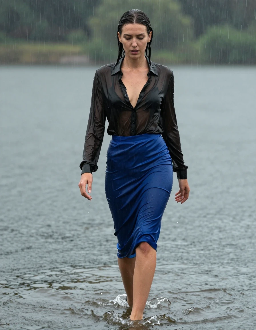 photo of young woman, in soaking wet, drenched clothes,
high-heels, blue silk slim floor-length skirt, transparent, see-through, black silk blouse, no underwear, see-through, walking in the lake, 
enjoying, wet clothes stuck to body,
detailed textures of the wet clothes, wet face, wet plastered hair,
wet, drenched, professional, high-quality details, full body view.
sharp focus, ultra-high pixel detail, realistic, high-quality, full colors, incredibly detailed, 4k, 8k, 16k, hyper-realistic, RAW photo, masterpiece, ultra-detailed, professionally color graded, professional photograph, heavy rain, completely soaked, drenched, dripping wet, wet skin, wet clothes, damp fabric