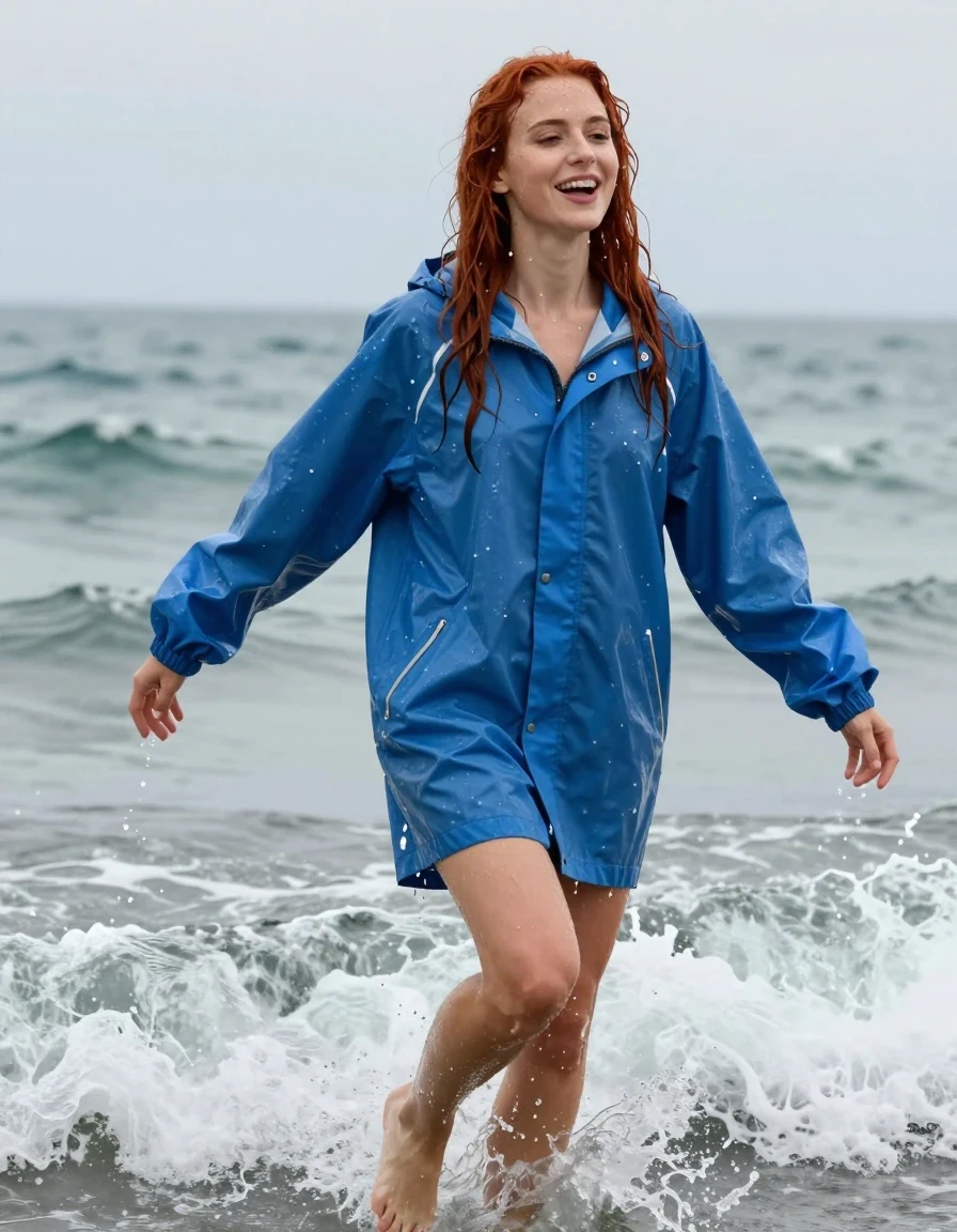 photo of young woman, in soaking wet, drenched clothes,
No socks , No underwear , Blue and white long thin  oversized trespass ultralight weight rainjacket. , In the choppy sea soaking wet.  . She just emerged from the water soaking wet , 
enjoying, wet clothes stuck to body,
detailed textures of the wet clothes, wet face, wet plastered hair,
wet, drenched, professional, high-quality details, full body view.
sharp focus, ultra-high pixel detail, realistic, high-quality, full colors, incredibly detailed, 4k, 8k, 16k, hyper-realistic, RAW photo, masterpiece, ultra-detailed, professionally color graded, professional photograph, Her long red  hair is soaking wet .  Her clothes are soaking wet . She's very aroused and happy, wet skin, wet clothes, damp fabric