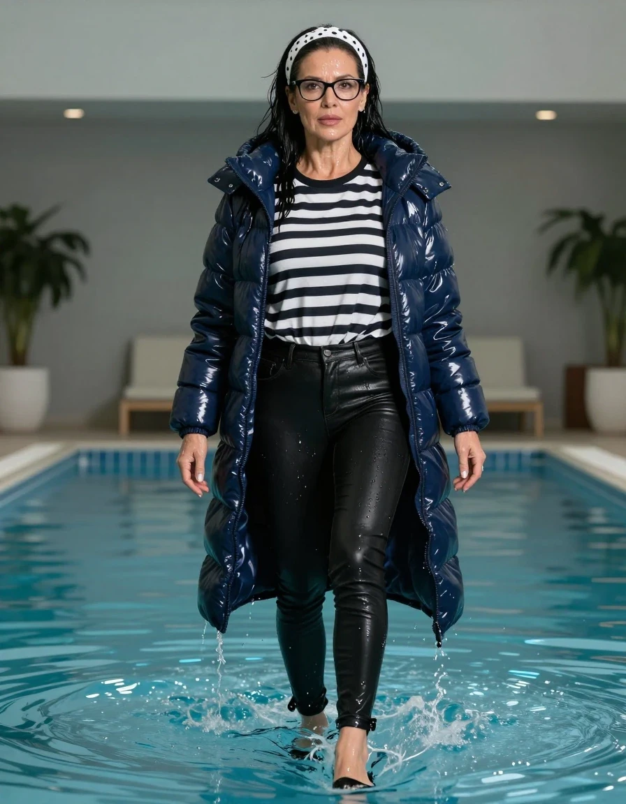 photo of young woman, in soaking wet, drenched clothes,
high-heeled shoes, long black shiny tight leather jeans, long black & white striped shiny shirt, maxi dark blue shiny down jacket, standing complete submerged under the water of the indoor pool, 
enjoying, wet clothes stuck to body,
detailed textures of the wet clothes, wet face, wet plastered hair,
wet, drenched, professional, high-quality details, full body view.
sharp focus, ultra-high pixel detail, realistic, high-quality, full colors, incredibly detailed, 4k, 8k, 16k, hyper-realistic, RAW photo, masterpiece, ultra-detailed, professionally color graded, professional photograph, europen brunette skinny woman 50 years old, long dark black hair, white polka-dot headband, office glasses, very big and thick lips, complete body, wet skin, wet clothes, damp fabric, wet skin, wet clothes, damp fabric, wet skin, wet clothes, damp fabric, wet skin, wet clothes, damp fabric, wet skin, wet clothes, damp fabric, wet skin, wet clothes, damp fabric, wet skin, wet clothes, damp fabric