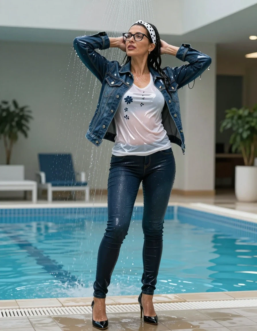 photo of young woman, in soaking wet, drenched clothes,
high-heeled shoes, long dark blue shiny tight jeans, long shiny white floral t-shirt, dark blue shiny denim jacket, standing complete under the shower of the indoor pool, 
enjoying, wet clothes stuck to body,
detailed textures of the wet clothes, wet face, wet plastered hair,
wet, drenched, professional, high-quality details, full body view.
sharp focus, ultra-high pixel detail, realistic, high-quality, full colors, incredibly detailed, 4k, 8k, 16k, hyper-realistic, RAW photo, masterpiece, ultra-detailed, professionally color graded, professional photograph, europen brunette skinny woman 50 years old, long dark black hair, white polka-dot headband, office glasses, very big and thick lips, complete body, wet skin, wet clothes, damp fabric, wet skin, wet clothes, damp fabric, wet skin, wet clothes, damp fabric, wet skin, wet clothes, damp fabric, wet skin, wet clothes, damp fabric, wet skin, wet clothes, damp fabric, wet skin, wet clothes, damp fabric