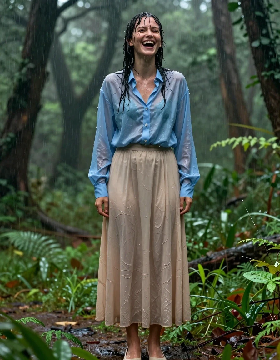 A photorealistic full-body portrait of a young adult European woman standing in a lush, dense forest during a heavy downpour. She is wearing an oversized, long-sleeved light blue button-down shirt tucked into an excessively long, floor-length beige skirt, paired with elegant court shoes. The fabric of the shirt and skirt is thoroughly soaked, clinging to her skin, showing deep, saturated colors, heavy wet folds, and a translucent quality where the material is water-saturated. Her skin and hair are glistening with water, and she is captured in a candid, joyful moment, laughing heartily as she lets herself get drenched. The wet clothes display realistic damp textures, varying degrees of darkness, and clinging fabric patterns. The forest environment is misty and vibrant with green foliage, with natural, soft, diffused daylight filtering through the canopy. High-detail photography, sharp focus on the water sheen and fabric texture, cinematic composition.