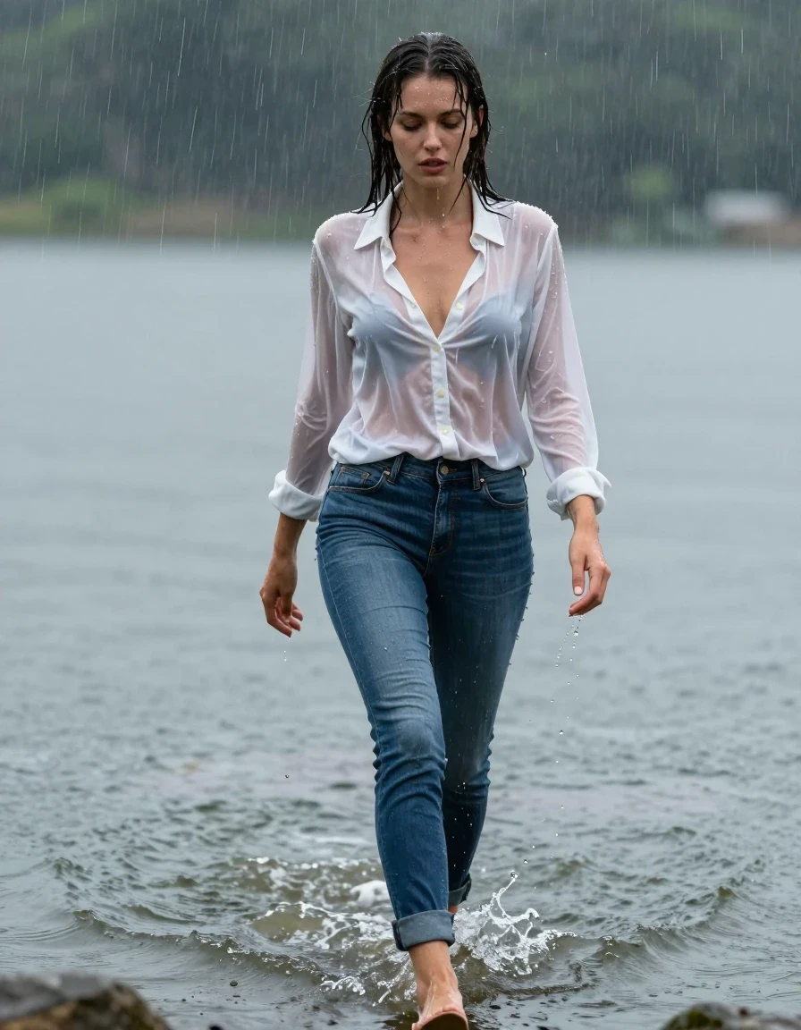 photo of young woman, in soaking wet, drenched clothes,
high-heels, blue jeans, white silk blouse, no underwear, see-through, walking in the lake, 
enjoying, wet clothes stuck to body,
detailed textures of the wet clothes, wet face, wet plastered hair,
wet, drenched, professional, high-quality details, full body view.
sharp focus, ultra-high pixel detail, realistic, high-quality, full colors, incredibly detailed, 4k, 8k, 16k, hyper-realistic, RAW photo, masterpiece, ultra-detailed, professionally color graded, professional photograph, heavy rain, completely soaked, drenched, dripping wet, wet skin, wet clothes, damp fabric