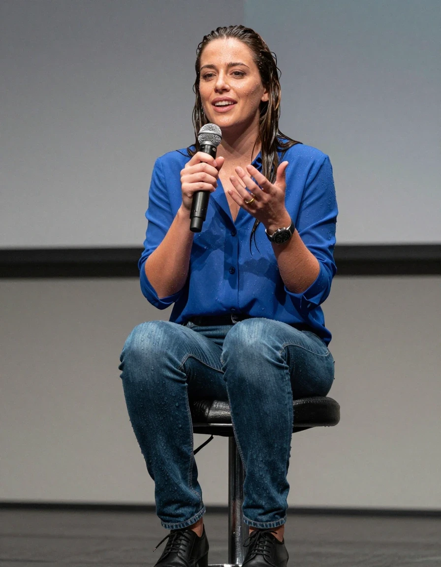 photo of young woman, in soaking wet, drenched clothes,
Shoes , Blue jeans, Blue blouse, Speech in conference, 
enjoying, wet clothes stuck to body,
detailed textures of the wet clothes, wet face, wet plastered hair,
wet, drenched, professional, high-quality details, full body view.
sharp focus, ultra-high pixel detail, realistic, high-quality, full colors, incredibly detailed, 4k, 8k, 16k, hyper-realistic, RAW photo, masterpiece, ultra-detailed, professionally color graded, professional photograph, Smiling, wet skin, wet clothes, damp fabric