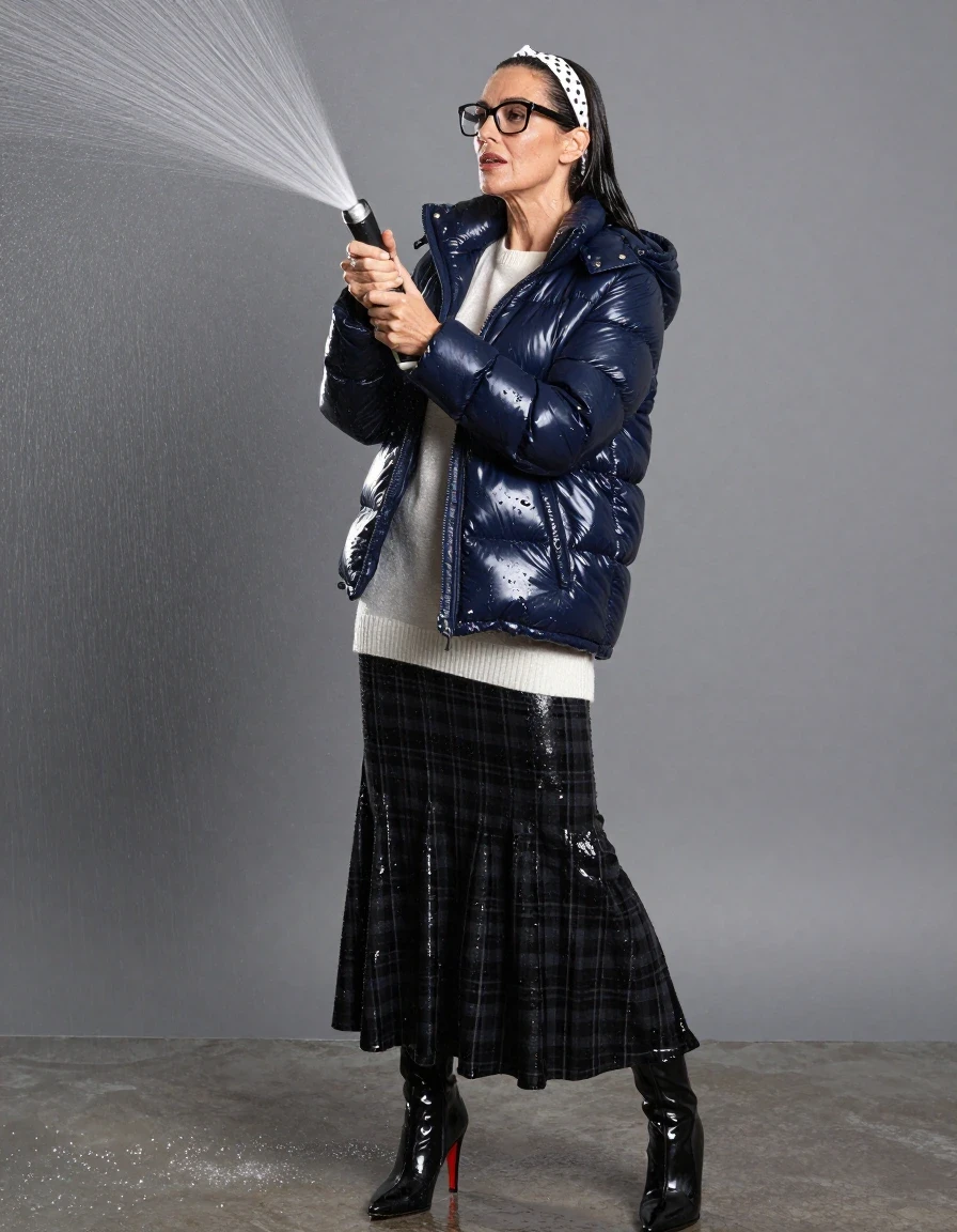 photo of young woman, in soaking wet, drenched clothes,
high-heeled boots, maxi black shiny flared plaid skirt, long white shiny sweater,  maxi dark blue shiny winter down jacket, spraying his clothes with the shower, after bath, 
enjoying, wet clothes stuck to body,
detailed textures of the wet clothes, wet face, wet plastered hair,
wet, drenched, professional, high-quality details, full body view.
sharp focus, ultra-high pixel detail, realistic, high-quality, full colors, incredibly detailed, 4k, 8k, 16k, hyper-realistic, RAW photo, masterpiece, ultra-detailed, professionally color graded, professional photograph, europen brunette skinny woman 50 years old, long dark black hair, white polka-dot headband, office glasses, very big and thick lips, complete body, wet skin, wet clothes, damp fabric, wet skin, wet clothes, damp fabric, wet skin, wet clothes, damp fabric, wet skin, wet clothes, damp fabric, wet skin, wet clothes, damp fabric, wet skin, wet clothes, damp fabric, wet skin, wet clothes, damp fabric