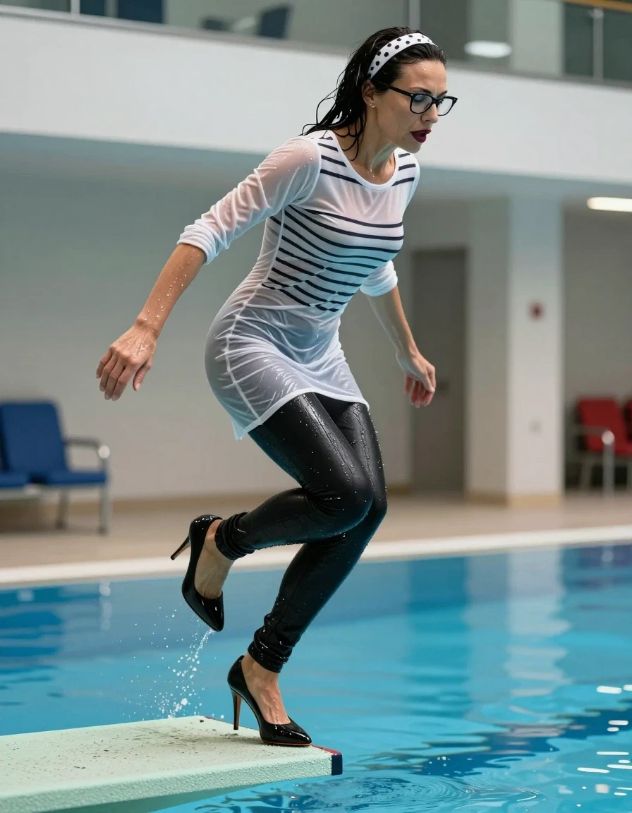 photo of young woman, in soaking wet, drenched clothes,
high-heeled shoes, long black shiny tight jeans, long shiny white & black striped t-shirt dress with long sleeves, jumping from the diving board into the water of the indoor pool, 
enjoying, wet clothes stuck to body,
detailed textures of the wet clothes, wet face, wet plastered hair,
wet, drenched, professional, high-quality details, full body view.
sharp focus, ultra-high pixel detail, realistic, high-quality, full colors, incredibly detailed, 4k, 8k, 16k, hyper-realistic, RAW photo, masterpiece, ultra-detailed, professionally color graded, professional photograph, europen brunette skinny woman 50 years old, long dark black hair, white polka-dot headband, office glasses, very big and thick lips, complete body, wet skin, wet clothes, damp fabric, wet skin, wet clothes, damp fabric, wet skin, wet clothes, damp fabric, wet skin, wet clothes, damp fabric, wet skin, wet clothes, damp fabric, wet skin, wet clothes, damp fabric, wet skin, wet clothes, damp fabric