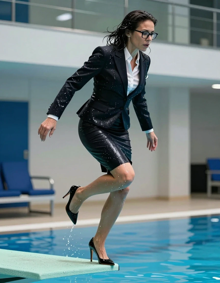 photo of young woman, in soaking wet, drenched clothes,
high-heeled shoes, pencil midi black skirt, tailored black jacket and white blouse, jumping from the diving board into the water of the indoor pool, 
enjoying, wet clothes stuck to body,
detailed textures of the wet clothes, wet face, wet plastered hair,
wet, drenched, professional, high-quality details, full body view.
sharp focus, ultra-high pixel detail, realistic, high-quality, full colors, incredibly detailed, 4k, 8k, 16k, hyper-realistic, RAW photo, masterpiece, ultra-detailed, professionally color graded, professional photograph, europen brunette skinny woman 50 years old, long dark black hair, office glasses, very big and thick lips, complete body, wet skin, wet clothes, damp fabric, wet skin, wet clothes, damp fabric, wet skin, wet clothes, damp fabric, wet skin, wet clothes, damp fabric, wet skin, wet clothes, damp fabric, wet skin, wet clothes, damp fabric, wet skin, wet clothes, damp fabric