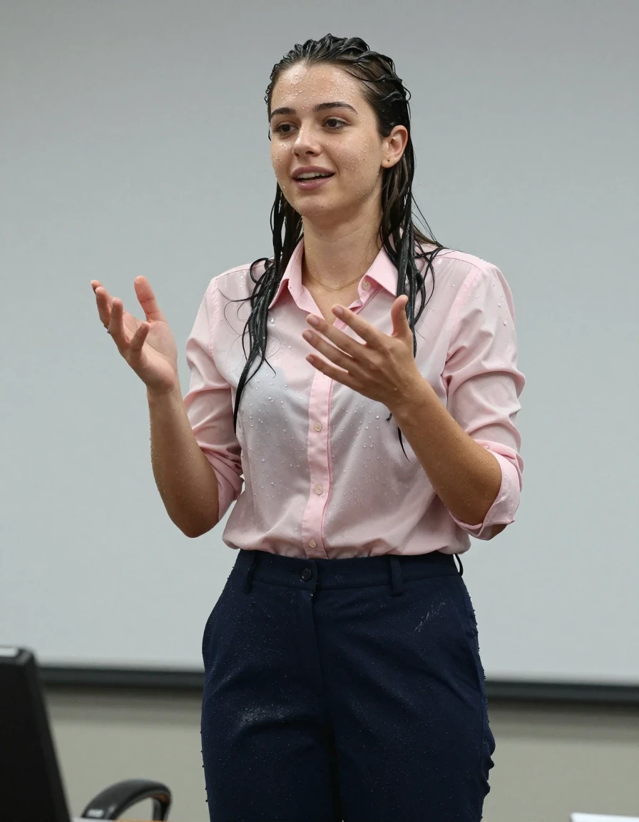 photo of young woman, in soaking wet, drenched clothes,
Shoes , Office trousers or skirt, Pink shirt, Speech in conference, 
enjoying, wet clothes stuck to body,
detailed textures of the wet clothes, wet face, wet plastered hair,
wet, drenched, professional, high-quality details, full body view.
sharp focus, ultra-high pixel detail, realistic, high-quality, full colors, incredibly detailed, 4k, 8k, 16k, hyper-realistic, RAW photo, masterpiece, ultra-detailed, professionally color graded, professional photograph, Teenager smiling., wet skin, wet clothes, damp fabric