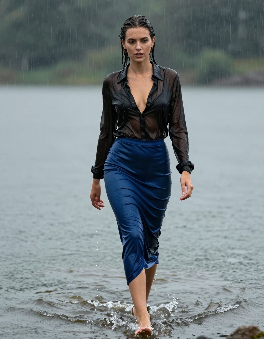 photo of young woman, in soaking wet, drenched clothes,
high-heels, blue silk slim floor-length skirt, transparent, black silk blouse, no underwear, see-through, walking in the lake, 
enjoying, wet clothes stuck to body,
detailed textures of the wet clothes, wet face, wet plastered hair,
wet, drenched, professional, high-quality details, full body view.
sharp focus, ultra-high pixel detail, realistic, high-quality, full colors, incredibly detailed, 4k, 8k, 16k, hyper-realistic, RAW photo, masterpiece, ultra-detailed, professionally color graded, professional photograph, heavy rain, completely soaked, drenched, dripping wet, wet skin, wet clothes, damp fabric