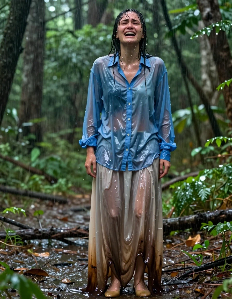 A young adult European woman standing in a lush, dense forest, caught in a heavy downpour, her expression one of deep, cathartic emotional release. She is wearing an oversized long-sleeved light blue buttoned-down shirt that is completely drenched, the fabric clinging to her skin with heavy, dark, water-saturated folds and translucent patches. She wears a beige floor-length, excessively long skirt that is soaking wet, heavy with absorbed water, dragging slightly on the damp forest floor, with the fabric darkened and clinging to her legs. She is wearing classic court shoes, now wet and slick. Her skin is glistening with water, hair plastered to her face and shoulders, with beads of water running down her neck and arms. The lighting is soft and diffused through the forest canopy, creating strong specular highlights and a glossy sheen on her wet skin and the damp, heavy fabric of her clothes. Cinematic, photorealistic, high-detail texture on the soaked textiles, hyper-realistic water droplets and sheen, 8k resolution, masterful composition.