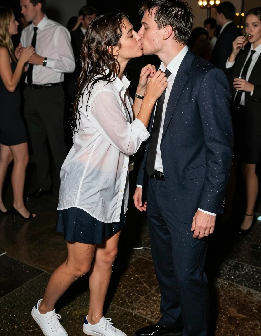 photo of young woman, in soaking wet, drenched clothes,
Shoes, Skirt or trousers, Office shirt and jacket, Student party, 
enjoying, wet clothes stuck to body,
detailed textures of the wet clothes, wet face, wet plastered hair,
wet, drenched, professional, high-quality details, full body view.
sharp focus, ultra-high pixel detail, realistic, high-quality, full colors, incredibly detailed, 4k, 8k, 16k, hyper-realistic, RAW photo, masterpiece, ultra-detailed, professionally color graded, professional photograph, Kissing guy, wet skin, wet clothes, damp fabric