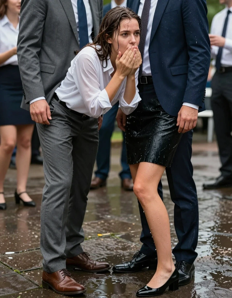 photo of young woman, in soaking wet, drenched clothes,
Shoes, Skirt or trousers, Office shirt and jacket, Student party, 
enjoying, wet clothes stuck to body,
detailed textures of the wet clothes, wet face, wet plastered hair,
wet, drenched, professional, high-quality details, full body view.
sharp focus, ultra-high pixel detail, realistic, high-quality, full colors, incredibly detailed, 4k, 8k, 16k, hyper-realistic, RAW photo, masterpiece, ultra-detailed, professionally color graded, professional photograph, Making love with guy, wet skin, wet clothes, damp fabric