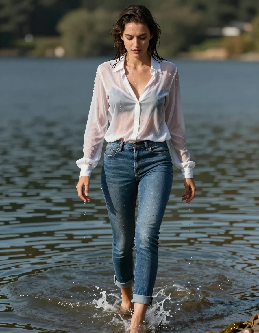 photo of young woman, in soaking wet, drenched clothes,
high-heels, blue jeans, white silk blouse, see-through, walking in the lake, 
enjoying, wet clothes stuck to body,
detailed textures of the wet clothes, wet face, wet plastered hair,
wet, drenched, professional, high-quality details, full body view.
sharp focus, ultra-high pixel detail, realistic, high-quality, full colors, incredibly detailed, 4k, 8k, 16k, hyper-realistic, RAW photo, masterpiece, ultra-detailed, professionally color graded, professional photograph, completely soaked, drenched, dripping wet, wet skin, wet clothes, damp fabric