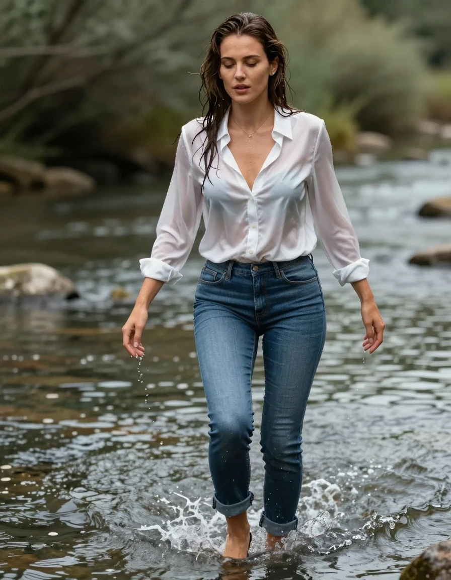 photo of young woman, in soaking wet, drenched clothes,
high-heels, blue jeans, white silk blouse, wading through the river, 
enjoying, wet clothes stuck to body,
detailed textures of the wet clothes, wet face, wet plastered hair,
wet, drenched, professional, high-quality details, full body view.
sharp focus, ultra-high pixel detail, realistic, high-quality, full colors, incredibly detailed, 4k, 8k, 16k, hyper-realistic, RAW photo, masterpiece, ultra-detailed, professionally color graded, professional photograph, wet skin, wet clothes, damp fabric