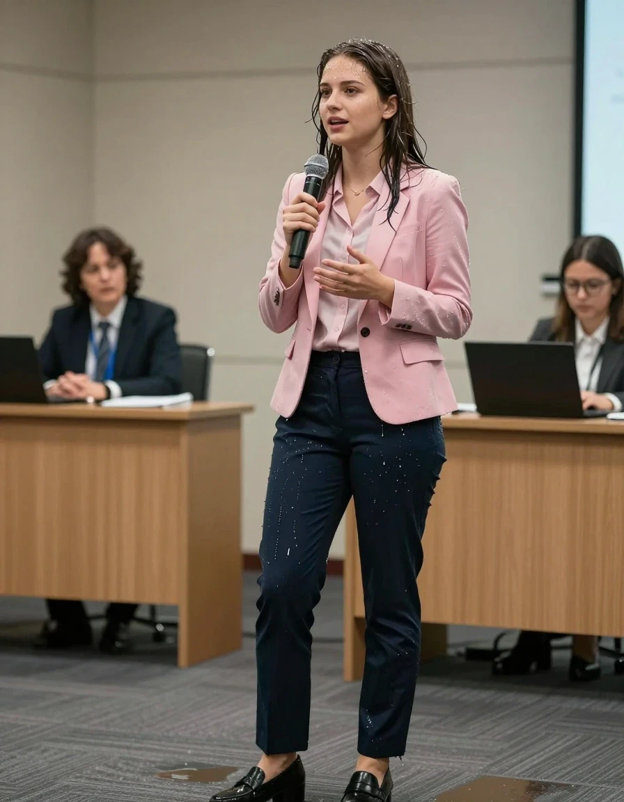 photo of young woman, in soaking wet, drenched clothes,
Shoes , Office trousers or skirt, Pink shirt and jacket, Speech in conference, 
enjoying, wet clothes stuck to body,
detailed textures of the wet clothes, wet face, wet plastered hair,
wet, drenched, professional, high-quality details, full body view.
sharp focus, ultra-high pixel detail, realistic, high-quality, full colors, incredibly detailed, 4k, 8k, 16k, hyper-realistic, RAW photo, masterpiece, ultra-detailed, professionally color graded, professional photograph, Teenager smiling., wet skin, wet clothes, damp fabric