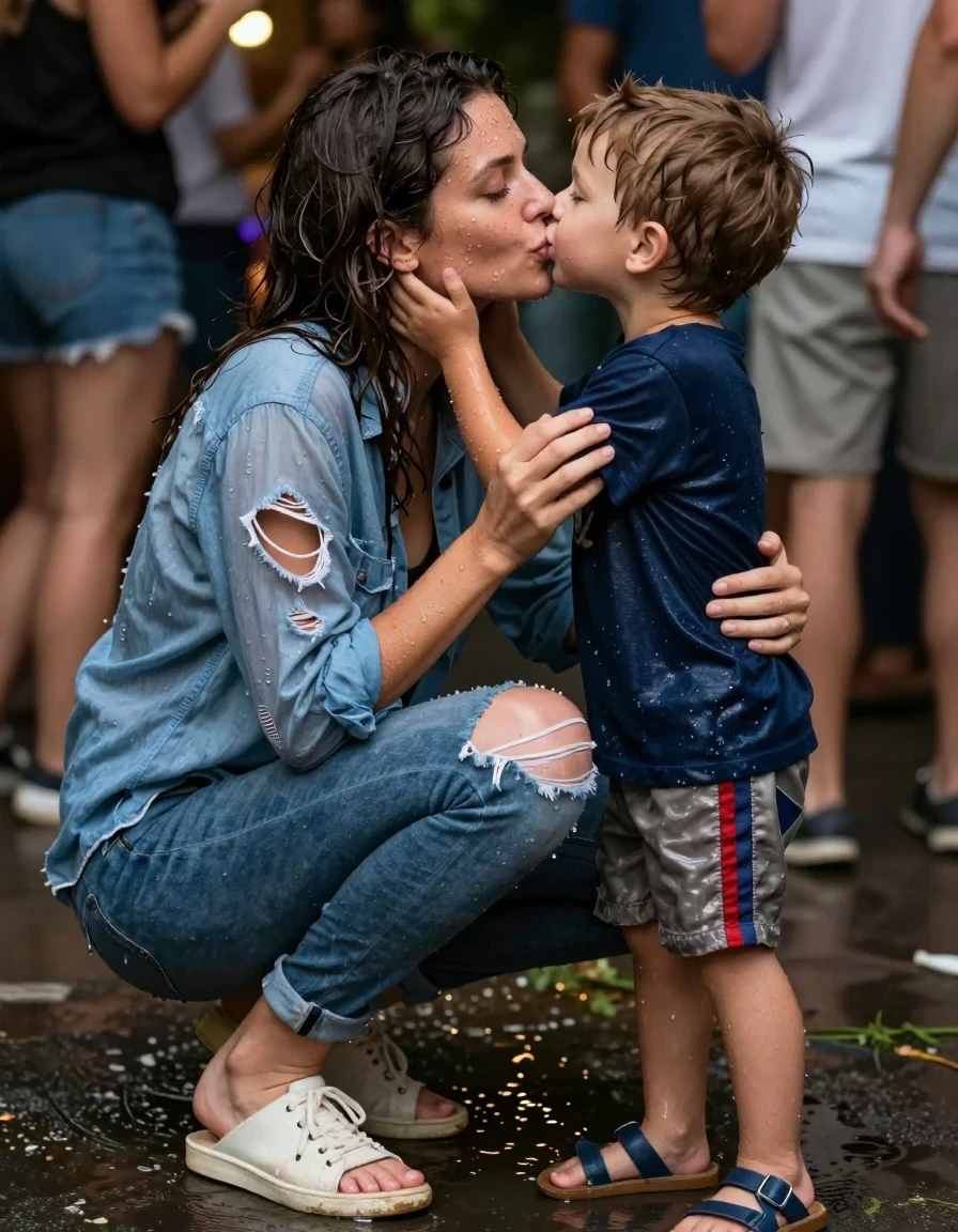 photo of young woman, in soaking wet, drenched clothes,
Shoes, Ripped trousers , Ripped blue blouse, Party, 
enjoying, wet clothes stuck to body,
detailed textures of the wet clothes, wet face, wet plastered hair,
wet, drenched, professional, high-quality details, full body view.
sharp focus, ultra-high pixel detail, realistic, high-quality, full colors, incredibly detailed, 4k, 8k, 16k, hyper-realistic, RAW photo, masterpiece, ultra-detailed, professionally color graded, professional photograph, Kissing two children, wet skin, wet clothes, damp fabric