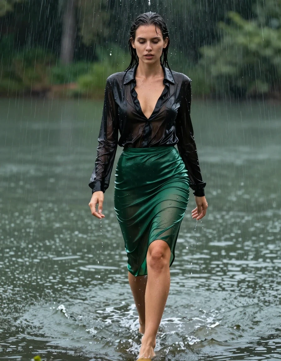 photo of young woman, in soaking wet, drenched clothes,
high-heels, see-through green satin silk slim floor-length skirt, tranparent, black silk blouse, no underwear, walking in the lake, 
enjoying, wet clothes stuck to body,
detailed textures of the wet clothes, wet face, wet plastered hair,
wet, drenched, professional, high-quality details, full body view.
sharp focus, ultra-high pixel detail, realistic, high-quality, full colors, incredibly detailed, 4k, 8k, 16k, hyper-realistic, RAW photo, masterpiece, ultra-detailed, professionally color graded, professional photograph, heavy rain, completely soaked, drenched, dripping wet, pour wine over head, wet skin, wet clothes, damp fabric