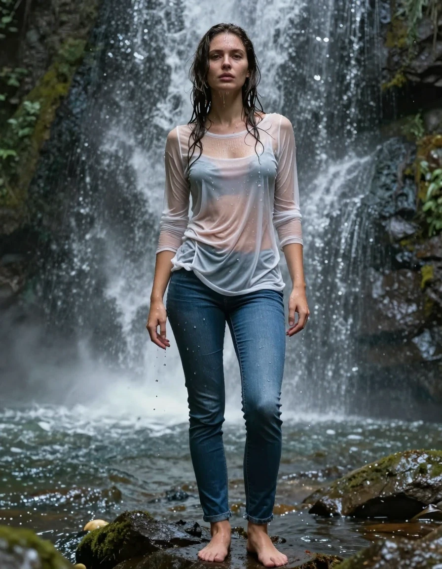 photo of young woman, in soaking wet, drenched clothes,
Barefoot , Bootcut jeans , Long-sleeved T-shirts , Desert waterfall , 
enjoying, wet clothes stuck to body,
detailed textures of the wet clothes, wet face, wet plastered hair,
wet, drenched, professional, high-quality details, full body view.
sharp focus, ultra-high pixel detail, realistic, high-quality, full colors, incredibly detailed, 4k, 8k, 16k, hyper-realistic, RAW photo, masterpiece, ultra-detailed, professionally color graded, professional photograph, wet skin, wet clothes, damp fabric