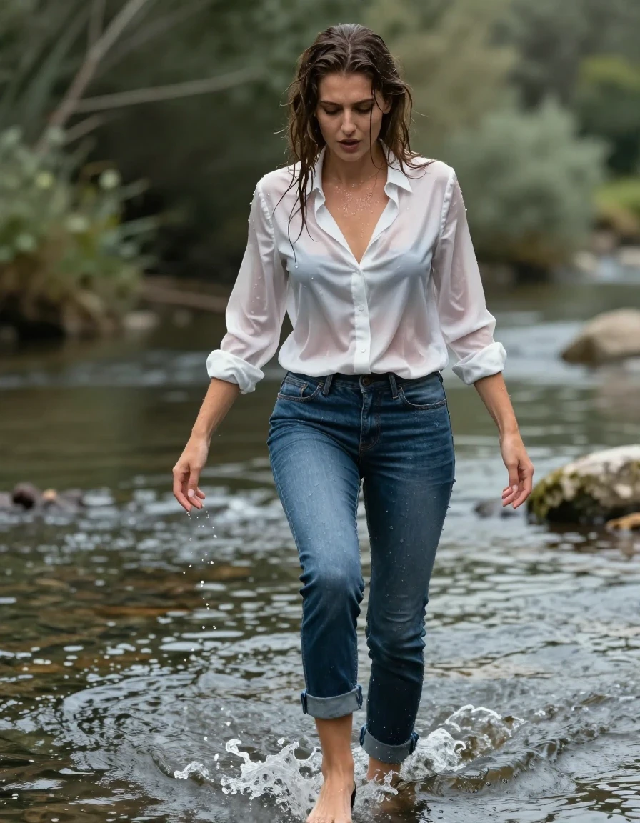photo of young woman, in soaking wet, drenched clothes,
high-heels, blue jeans, white silk blouse, wading through the river, 
enjoying, wet clothes stuck to body,
detailed textures of the wet clothes, wet face, wet plastered hair,
wet, drenched, professional, high-quality details, full body view.
sharp focus, ultra-high pixel detail, realistic, high-quality, full colors, incredibly detailed, 4k, 8k, 16k, hyper-realistic, RAW photo, masterpiece, ultra-detailed, professionally color graded, professional photograph, wet skin, wet clothes, damp fabric