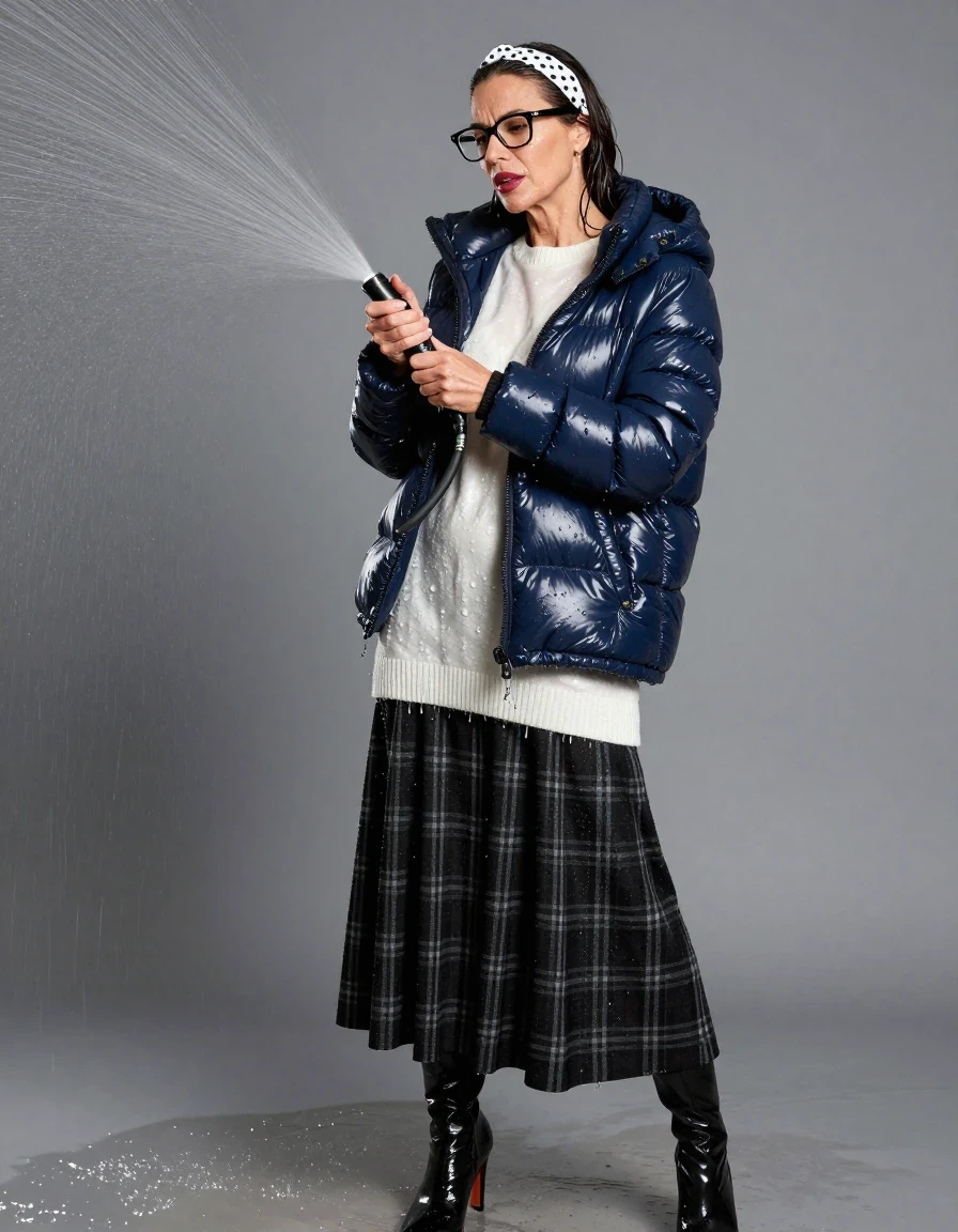 photo of young woman, in soaking wet, drenched clothes,
high-heeled boots, maxi black flared plaid skirt, long white shiny sweater,  maxi dark blue shiny winter down jacket, spraying his clothes with the shower, after bath, 
enjoying, wet clothes stuck to body,
detailed textures of the wet clothes, wet face, wet plastered hair,
wet, drenched, professional, high-quality details, full body view.
sharp focus, ultra-high pixel detail, realistic, high-quality, full colors, incredibly detailed, 4k, 8k, 16k, hyper-realistic, RAW photo, masterpiece, ultra-detailed, professionally color graded, professional photograph, europen brunette skinny woman 50 years old, long dark black hair, white polka-dot headband, office glasses, very big and thick lips, complete body, wet skin, wet clothes, damp fabric, wet skin, wet clothes, damp fabric, wet skin, wet clothes, damp fabric, wet skin, wet clothes, damp fabric, wet skin, wet clothes, damp fabric, wet skin, wet clothes, damp fabric, wet skin, wet clothes, damp fabric