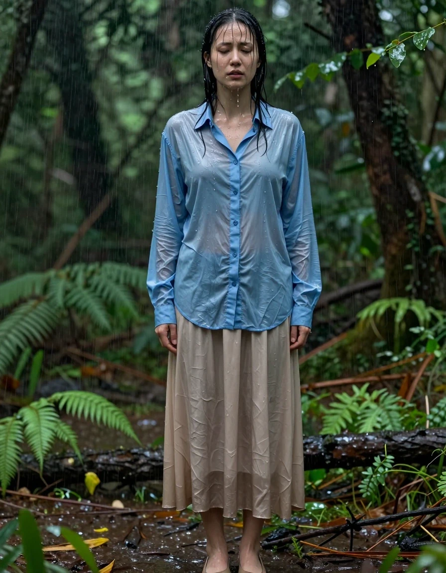 A photorealistic medium shot of a young adult European woman standing in a lush, dense forest, letting herself get soaked by rain. She is wearing an oversized, long-sleeved light blue buttoned-down shirt and a beige floor-length, excessively long skirt, paired with classic court shoes. The fabric of the shirt and skirt is thoroughly damp, clinging to her body with heavy, wet folds, darker soaked patches, and a visible sheen of water saturation. Her skin and hair are glistening with moisture, with water droplets running down her face and arms, emphasizing a sense of stress relief and immersion. The lighting is soft and diffused through the forest canopy, creating strong specular highlights on the wet fabric and skin. The composition captures the weight and texture of the water-logged clothing against her form, with realistic damp fabric textures, high-fidelity skin pores, and naturalistic wet hair strands, cinematic photography, sharp focus, 8k resolution.