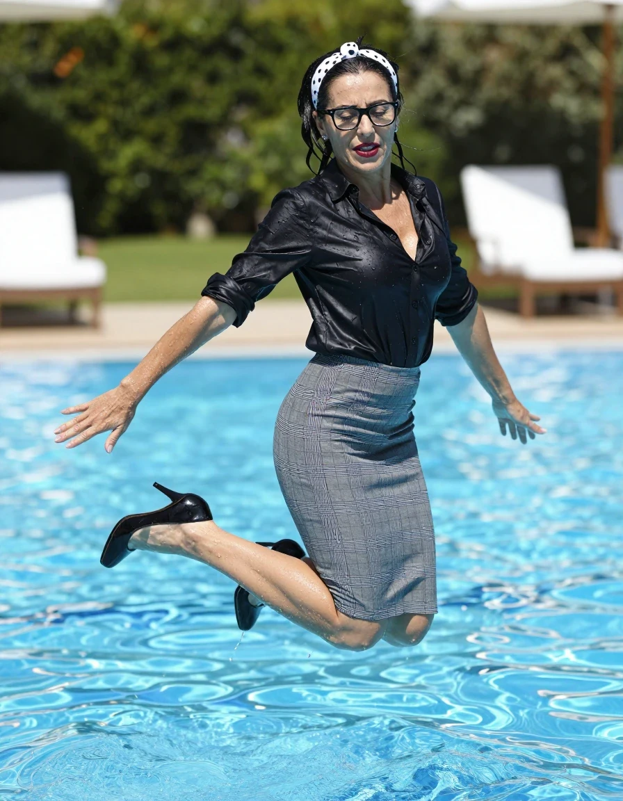 photo of young woman, in soaking wet, drenched clothes,
high-heeled shoes, pencil midi gray & black & blue plaid skirt , black satin blouse, jumping in sunny swimming pool, 
enjoying, wet clothes stuck to body,
detailed textures of the wet clothes, wet face, wet plastered hair,
wet, drenched, professional, high-quality details, full body view.
sharp focus, ultra-high pixel detail, realistic, high-quality, full colors, incredibly detailed, 4k, 8k, 16k, hyper-realistic, RAW photo, masterpiece, ultra-detailed, professionally color graded, professional photograph, europen brunette skinny woman 50 years old, long dark black hair, white polka-dot headband, office glasses, very big and thick lips, complete body, wet skin, wet clothes, damp fabric, wet skin, wet clothes, damp fabric, wet skin, wet clothes, damp fabric, wet skin, wet clothes, damp fabric, wet skin, wet clothes, damp fabric, wet skin, wet clothes, damp fabric, wet skin, wet clothes, damp fabric
