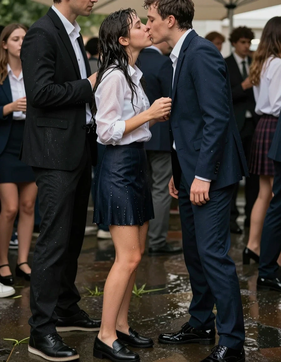 photo of young woman, in soaking wet, drenched clothes,
Shoes, Skirt or trousers, Office shirt and jacket, Student party, 
enjoying, wet clothes stuck to body,
detailed textures of the wet clothes, wet face, wet plastered hair,
wet, drenched, professional, high-quality details, full body view.
sharp focus, ultra-high pixel detail, realistic, high-quality, full colors, incredibly detailed, 4k, 8k, 16k, hyper-realistic, RAW photo, masterpiece, ultra-detailed, professionally color graded, professional photograph, Kissing two guys, wet skin, wet clothes, damp fabric