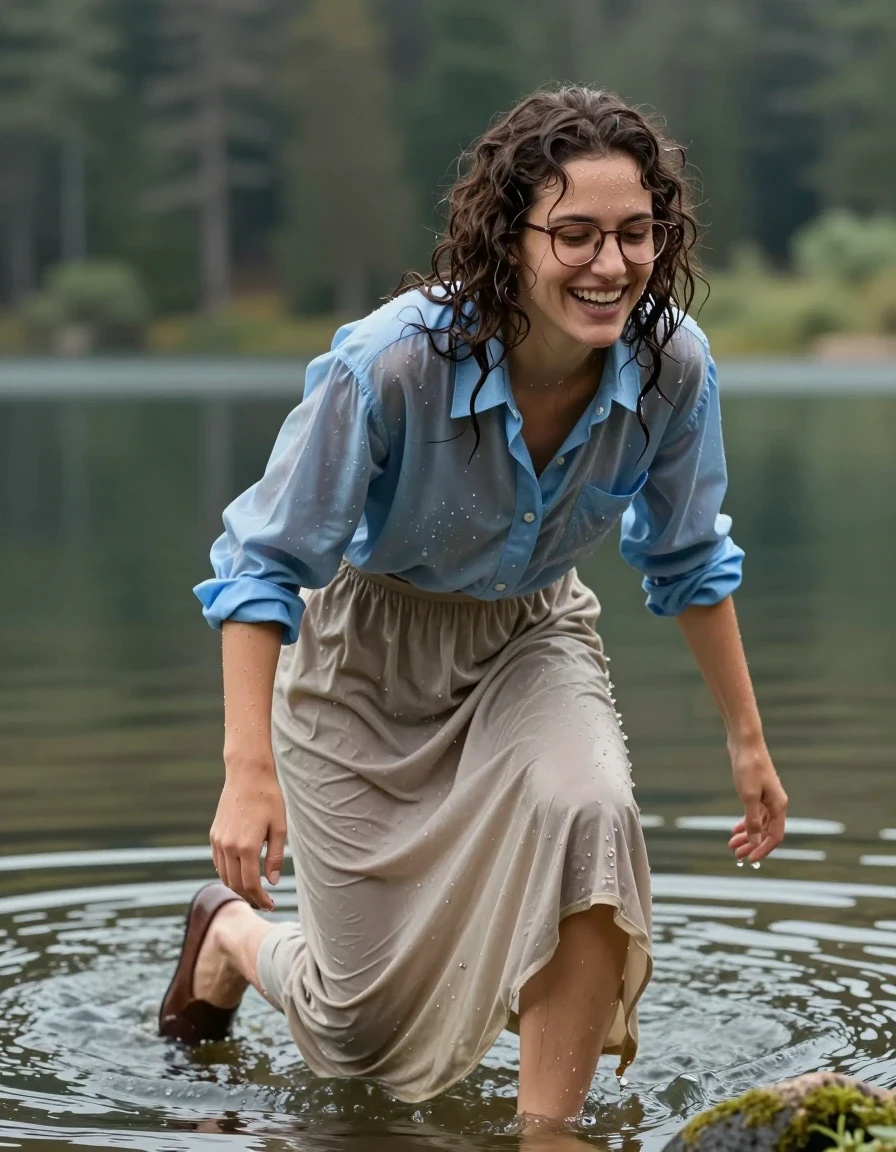 photo of young woman, in soaking wet, drenched clothes,
court shoes, beige floor-length excessively long skirt, nylon oversized long-sleeved buttoned-down light blue shirt, forest lake, 
enjoying, wet clothes stuck to body,
detailed textures of the wet clothes, wet face, wet plastered hair,
wet, drenched, professional, high-quality details, full body view.
sharp focus, ultra-high pixel detail, realistic, high-quality, full colors, incredibly detailed, 4k, 8k, 16k, hyper-realistic, RAW photo, masterpiece, ultra-detailed, professionally color graded, professional photograph, brunette european curly hair with glasses, crawling out of the lake laughing, wet skin, wet clothes, damp fabric