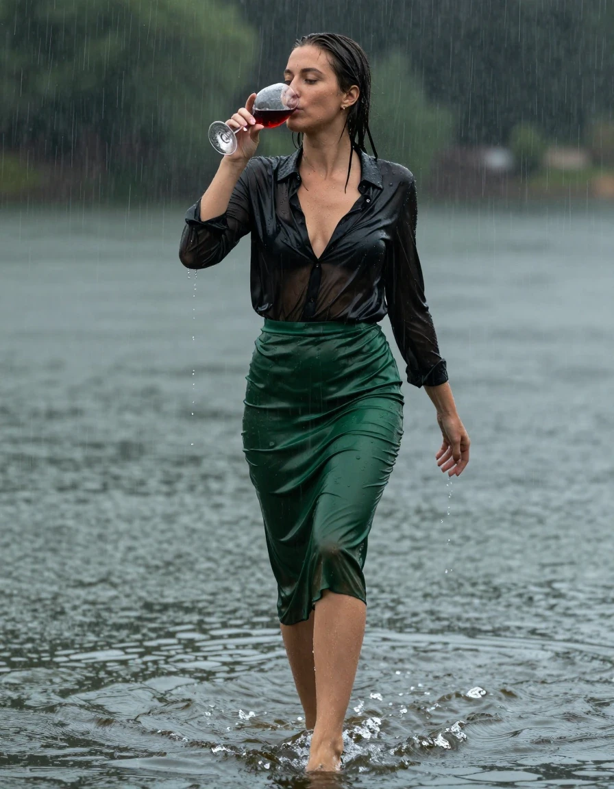 photo of young woman, in soaking wet, drenched clothes,
high-heels, see-through green satin silk slim floor-length skirt, tranparent, black silk blouse, no underwear, walking in the lake, 
enjoying, wet clothes stuck to body,
detailed textures of the wet clothes, wet face, wet plastered hair,
wet, drenched, professional, high-quality details, full body view.
sharp focus, ultra-high pixel detail, realistic, high-quality, full colors, incredibly detailed, 4k, 8k, 16k, hyper-realistic, RAW photo, masterpiece, ultra-detailed, professionally color graded, professional photograph, heavy rain, completely soaked, drenched, dripping wet, drinking a glass of red wine, wet skin, wet clothes, damp fabric