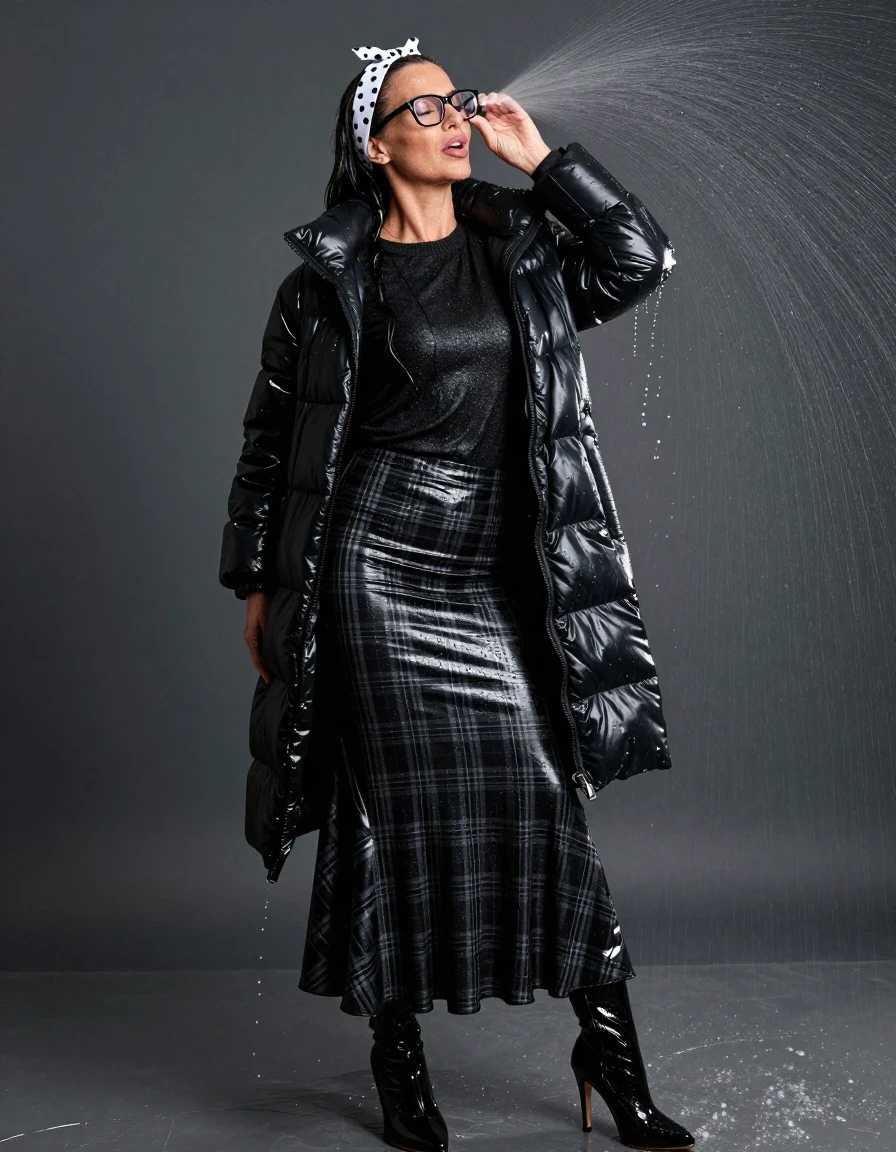 photo of young woman, in soaking wet, drenched clothes,
high-heeled boots, maxi black shiny flared plaid skirt, long black shiny sweater,  maxi black down jacket, spraying his clothes with the shower, after bath, 
enjoying, wet clothes stuck to body,
detailed textures of the wet clothes, wet face, wet plastered hair,
wet, drenched, professional, high-quality details, full body view.
sharp focus, ultra-high pixel detail, realistic, high-quality, full colors, incredibly detailed, 4k, 8k, 16k, hyper-realistic, RAW photo, masterpiece, ultra-detailed, professionally color graded, professional photograph, europen brunette skinny woman 50 years old, long dark black hair, white polka-dot headband, office glasses, very big and thick lips, complete body, wet skin, wet clothes, damp fabric, wet skin, wet clothes, damp fabric, wet skin, wet clothes, damp fabric, wet skin, wet clothes, damp fabric, wet skin, wet clothes, damp fabric, wet skin, wet clothes, damp fabric, wet skin, wet clothes, damp fabric