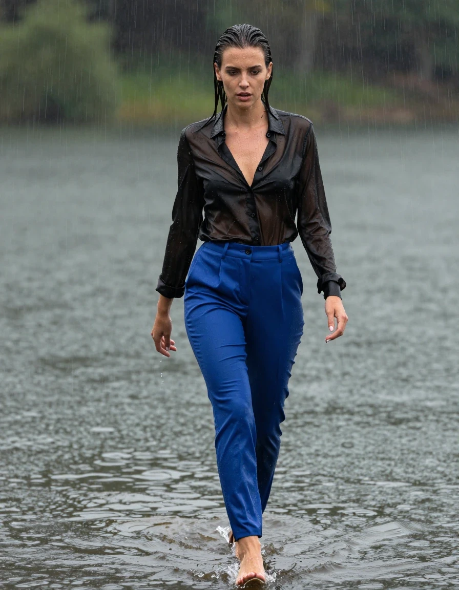photo of young woman, in soaking wet, drenched clothes,
high-heels, blue silk office-pants, see-through, black silk blouse, no underwear, see-through, walking in the lake, 
enjoying, wet clothes stuck to body,
detailed textures of the wet clothes, wet face, wet plastered hair,
wet, drenched, professional, high-quality details, full body view.
sharp focus, ultra-high pixel detail, realistic, high-quality, full colors, incredibly detailed, 4k, 8k, 16k, hyper-realistic, RAW photo, masterpiece, ultra-detailed, professionally color graded, professional photograph, heavy rain, completely soaked, drenched, dripping wet, wet skin, wet clothes, damp fabric