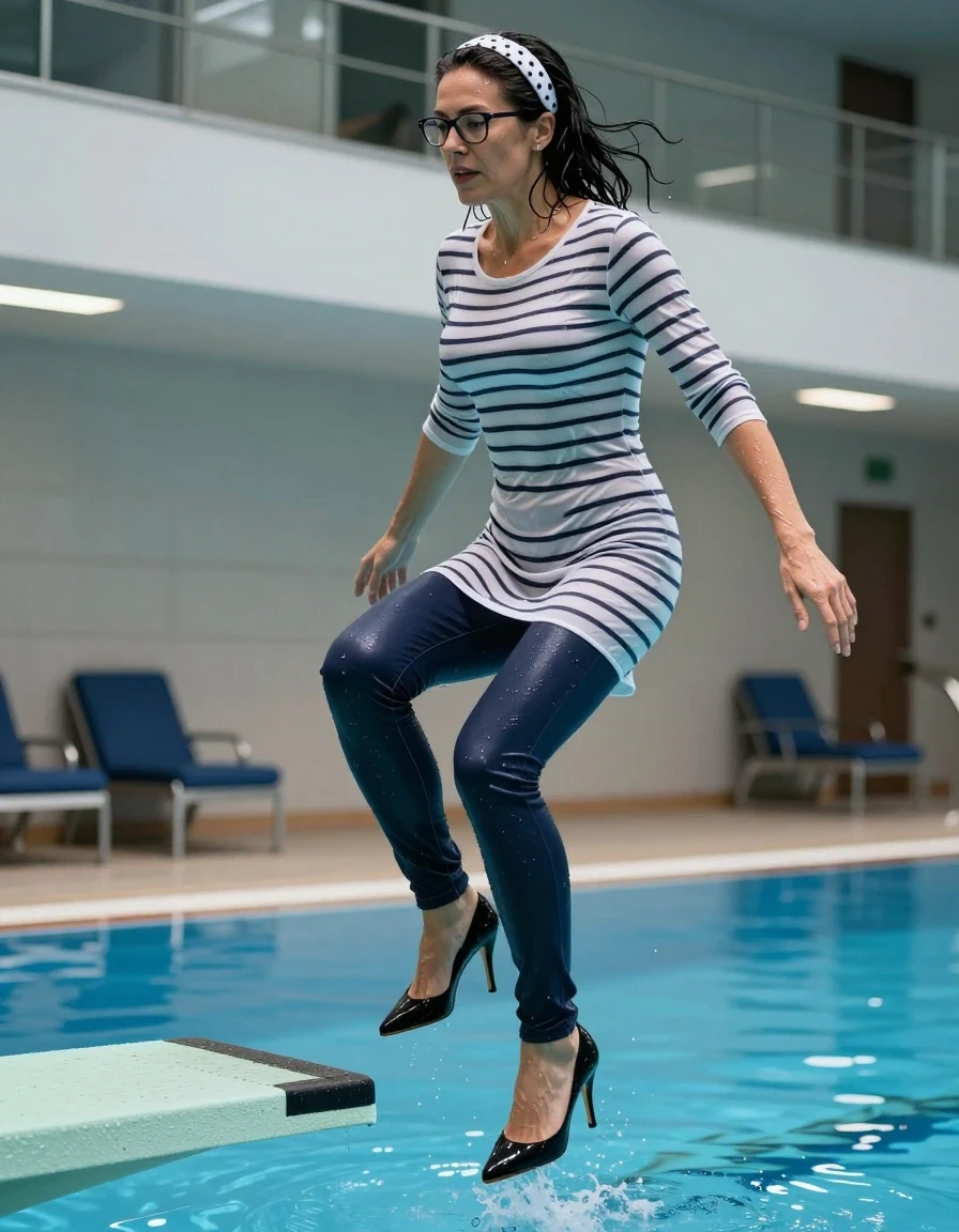 photo of young woman, in soaking wet, drenched clothes,
high-heeled shoes, long dark blue shiny tight jeans, long shiny white & black striped t-shirt dress with long sleeves, jumping from the diving board into the water of the indoor pool, 
enjoying, wet clothes stuck to body,
detailed textures of the wet clothes, wet face, wet plastered hair,
wet, drenched, professional, high-quality details, full body view.
sharp focus, ultra-high pixel detail, realistic, high-quality, full colors, incredibly detailed, 4k, 8k, 16k, hyper-realistic, RAW photo, masterpiece, ultra-detailed, professionally color graded, professional photograph, europen brunette skinny woman 50 years old, long dark black hair, white polka-dot headband, office glasses, very big and thick lips, complete body, wet skin, wet clothes, damp fabric, wet skin, wet clothes, damp fabric, wet skin, wet clothes, damp fabric, wet skin, wet clothes, damp fabric, wet skin, wet clothes, damp fabric, wet skin, wet clothes, damp fabric, wet skin, wet clothes, damp fabric