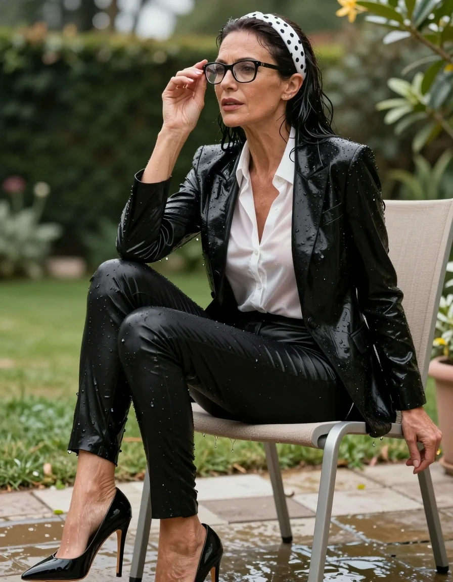 photo of young woman, in soaking wet, drenched clothes,
high-heeled shoes, long tight black shiny trousers, tailored black shiny jacket and white satin blouse, on tha chair, after bath in sunny garden, 
enjoying, wet clothes stuck to body,
detailed textures of the wet clothes, wet face, wet plastered hair,
wet, drenched, professional, high-quality details, full body view.
sharp focus, ultra-high pixel detail, realistic, high-quality, full colors, incredibly detailed, 4k, 8k, 16k, hyper-realistic, RAW photo, masterpiece, ultra-detailed, professionally color graded, professional photograph, europen brunette skinny woman 50 years old, long dark black hair, white polka-dot headband, office glasses, very big and thick lips, complete body, wet skin, wet clothes, damp fabric, wet skin, wet clothes, damp fabric, wet skin, wet clothes, damp fabric, wet skin, wet clothes, damp fabric, wet skin, wet clothes, damp fabric, wet skin, wet clothes, damp fabric, wet skin, wet clothes, damp fabric