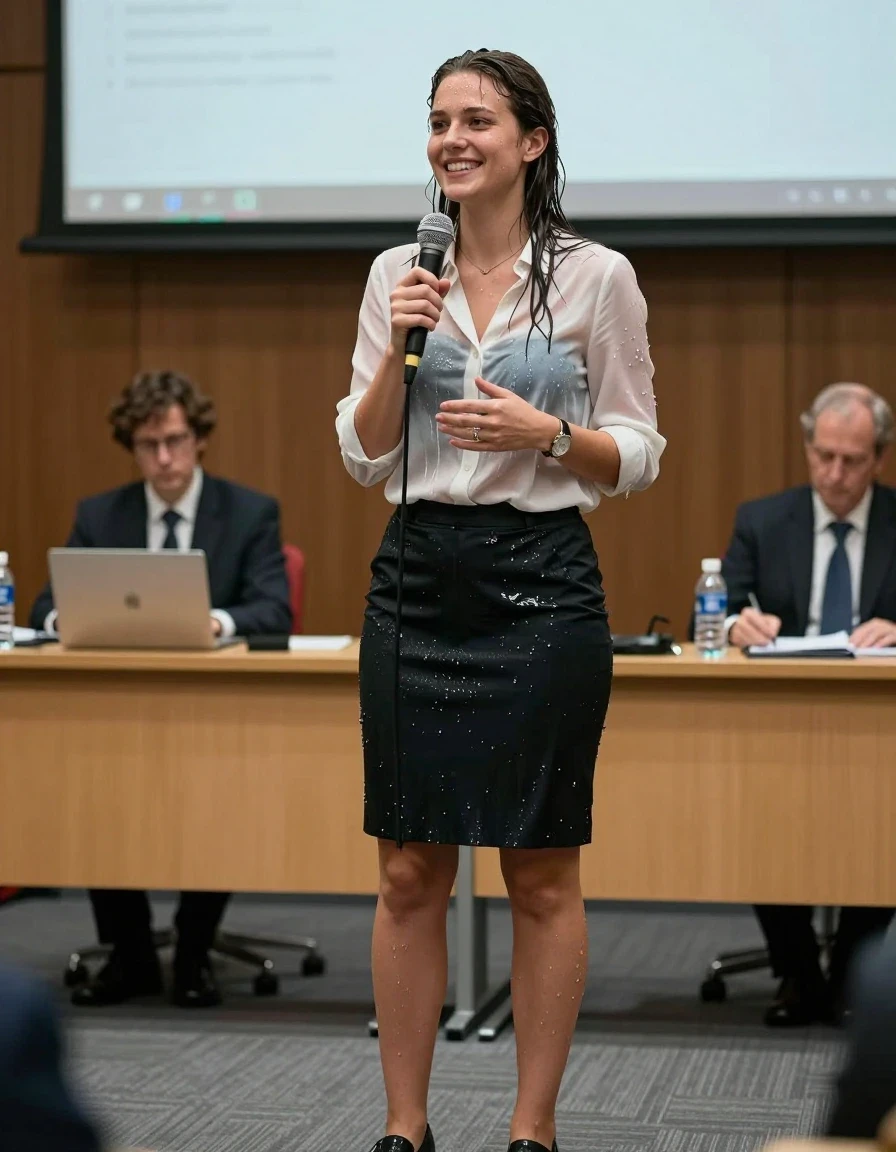 photo of young woman, in soaking wet, drenched clothes,
Shoes , Office skirt, Blouse, Speech in conference, 
enjoying, wet clothes stuck to body,
detailed textures of the wet clothes, wet face, wet plastered hair,
wet, drenched, professional, high-quality details, full body view.
sharp focus, ultra-high pixel detail, realistic, high-quality, full colors, incredibly detailed, 4k, 8k, 16k, hyper-realistic, RAW photo, masterpiece, ultra-detailed, professionally color graded, professional photograph, Smiling, wet skin, wet clothes, damp fabric
