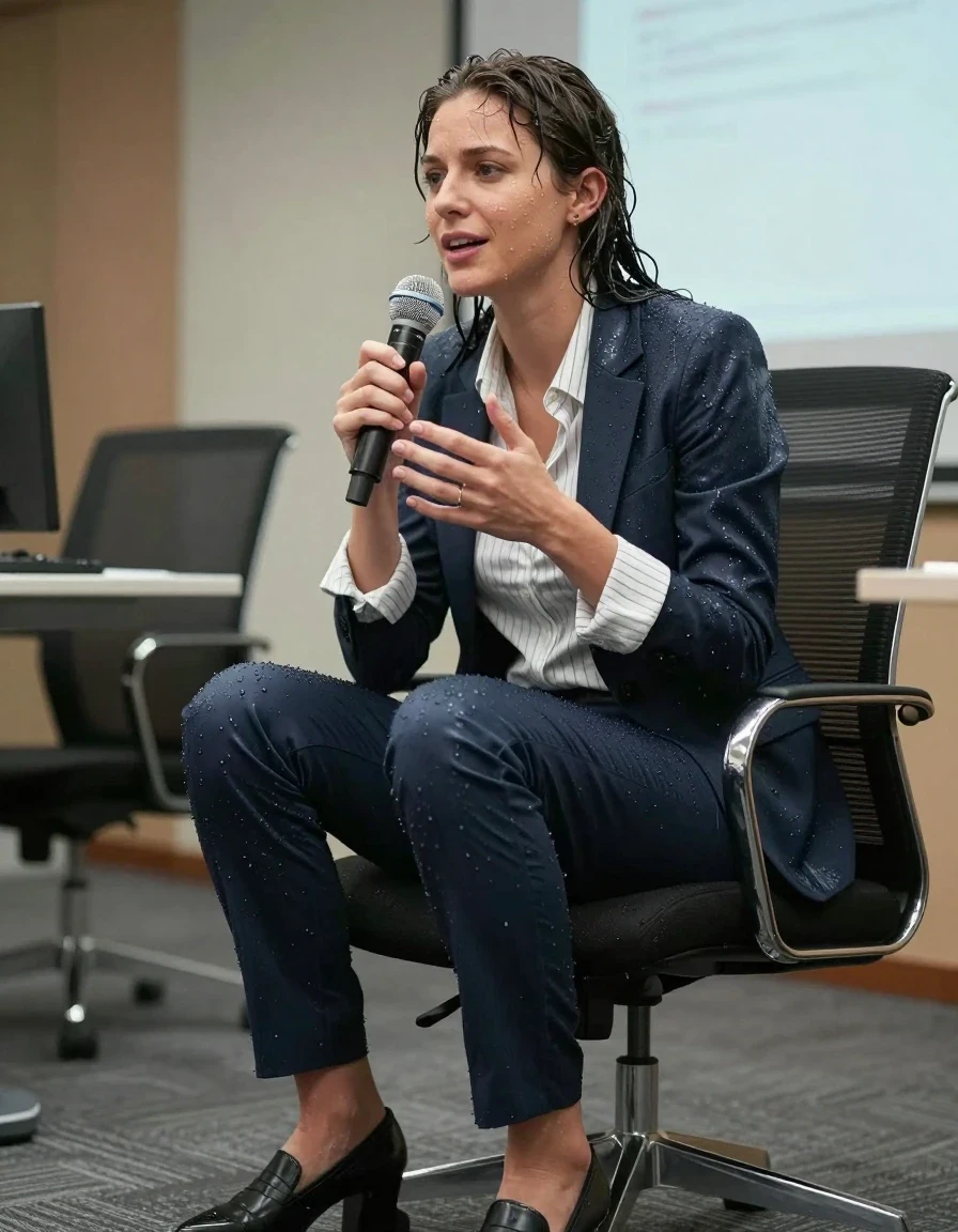 photo of young woman, in soaking wet, drenched clothes,
Shoes , Office trousers, Striped shirt and jacket, Speech in conference, 
enjoying, wet clothes stuck to body,
detailed textures of the wet clothes, wet face, wet plastered hair,
wet, drenched, professional, high-quality details, full body view.
sharp focus, ultra-high pixel detail, realistic, high-quality, full colors, incredibly detailed, 4k, 8k, 16k, hyper-realistic, RAW photo, masterpiece, ultra-detailed, professionally color graded, professional photograph, Smiling, wet skin, wet clothes, damp fabric