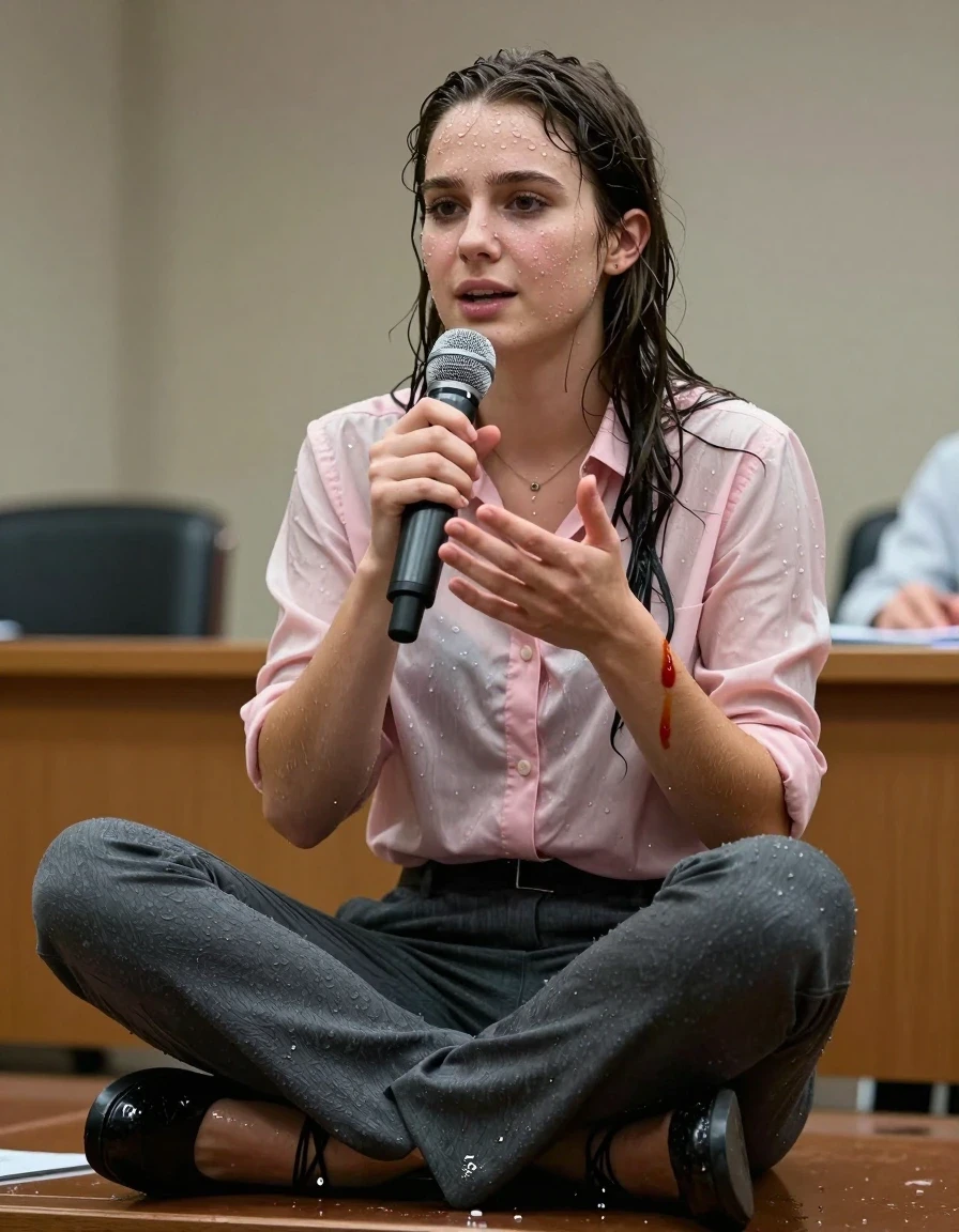 photo of young woman, in soaking wet, drenched clothes,
Shoes , Office trousers or skirt, Pink shirt, Speech in conference, 
enjoying, wet clothes stuck to body,
detailed textures of the wet clothes, wet face, wet plastered hair,
wet, drenched, professional, high-quality details, full body view.
sharp focus, ultra-high pixel detail, realistic, high-quality, full colors, incredibly detailed, 4k, 8k, 16k, hyper-realistic, RAW photo, masterpiece, ultra-detailed, professionally color graded, professional photograph, Teenager smiling and covered with tomate sauce., wet skin, wet clothes, damp fabric