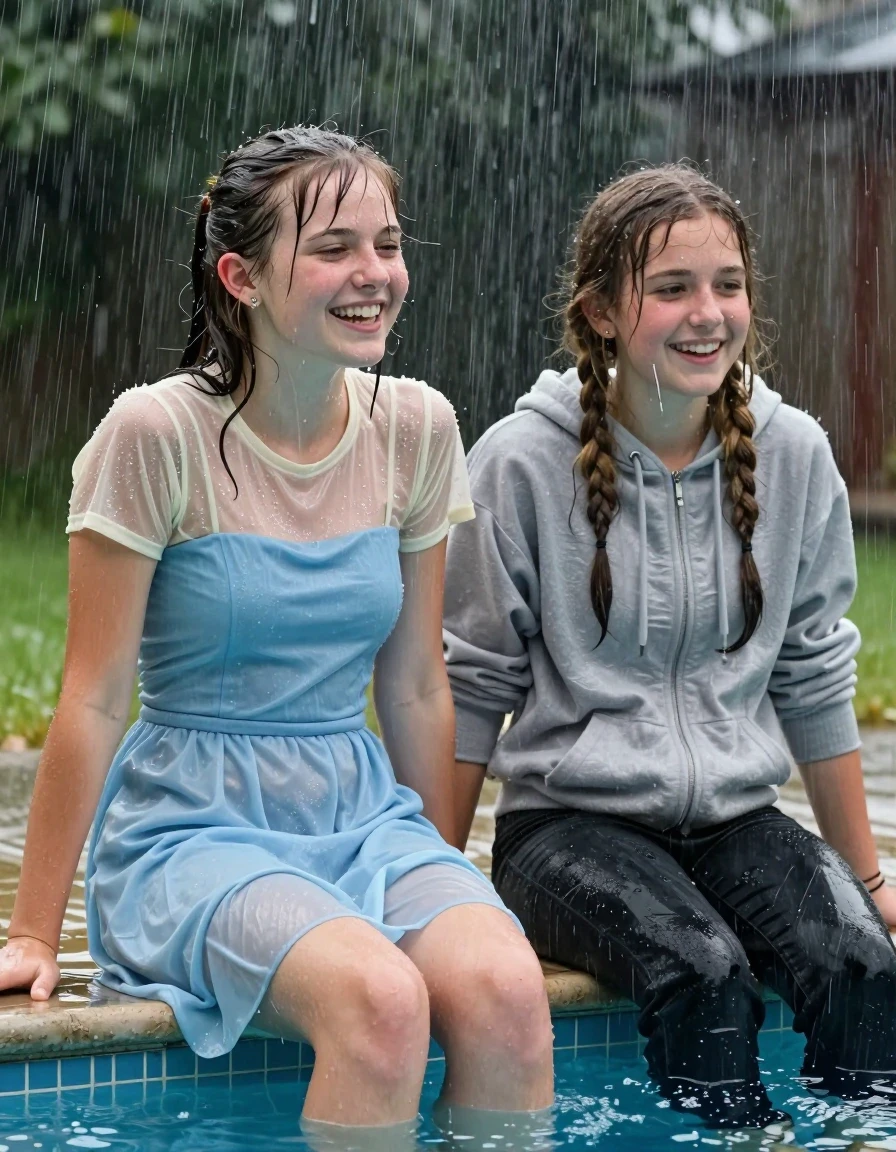 photo of young woman, in soaking wet, drenched clothes,
, , casual wear, 2 girls sitting on the edge of the pool while it pours water on them during a heavy storm, 
enjoying, wet clothes stuck to body,
detailed textures of the wet clothes, wet face, wet plastered hair,
wet, drenched, professional, high-quality details, full body view.
sharp focus, ultra-high pixel detail, realistic, high-quality, full colors, incredibly detailed, 4k, 8k, 16k, hyper-realistic, RAW photo, masterpiece, ultra-detailed, professionally color graded, professional photograph, 2 small college girls both having fun together. both similar age, a nineteen year old girl, a She has a wide square young face a very small chest, she is a pale brunette with a ponytail and bangs and a septum piercing, She is full of youthful energy, she is wearing a cream short sleeve see through sparkly undershirt underneath her formal thick pale blue strapless dress
 her dress has a flat front with a wider base.  Her friend has dark blonde hair, she is wearing a fitted hoodie and dark wide jeans, her clothes darken from the water. She has a wide square face,, wet skin, wet clothes, damp fabric, wet skin, wet clothes, damp fabric, wet skin, wet clothes, damp fabric, wet skin, wet clothes, damp fabric, wet skin, wet clothes, damp fabric, wet skin, wet clothes, damp fabric, wet skin, wet clothes, damp fabric