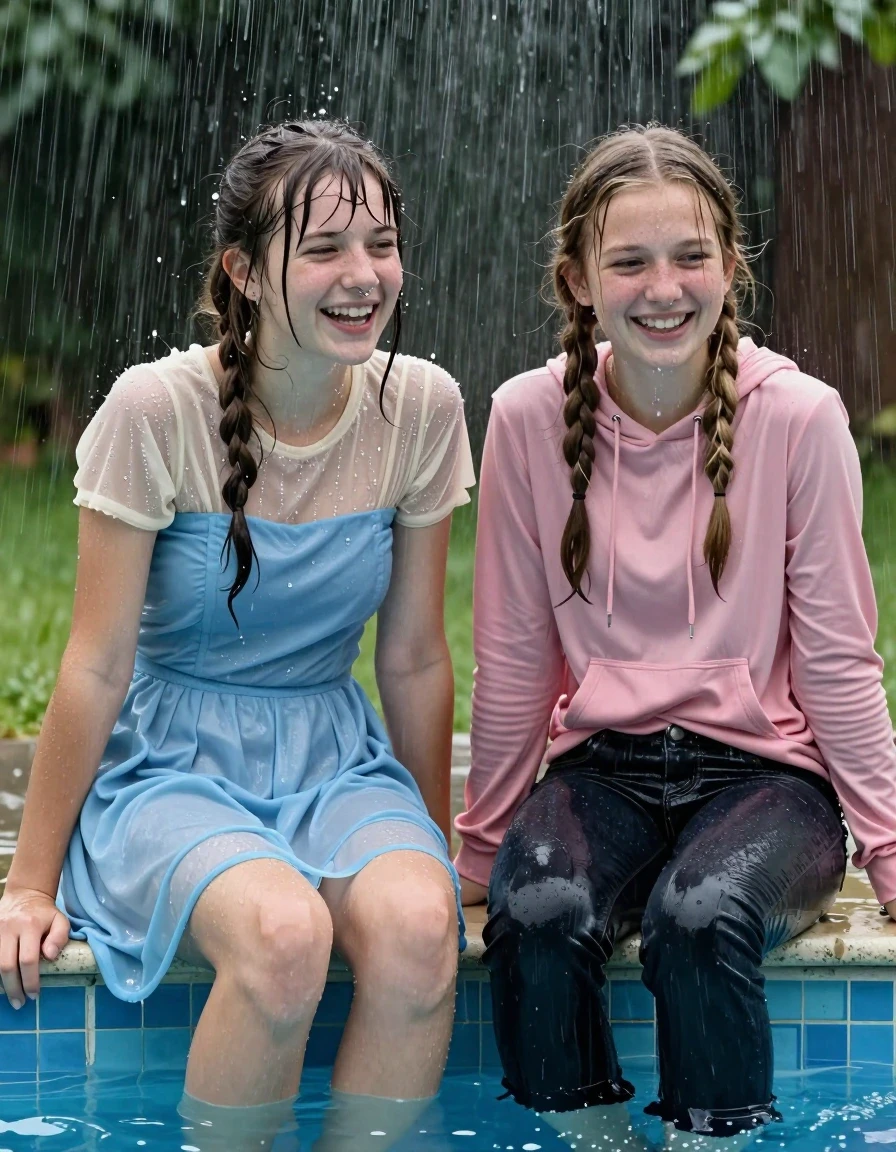 photo of young woman, in soaking wet, drenched clothes,
, , casual wear, 2 girls sitting on the edge of the pool while it pours water on them during a heavy storm, 
enjoying, wet clothes stuck to body,
detailed textures of the wet clothes, wet face, wet plastered hair,
wet, drenched, professional, high-quality details, full body view.
sharp focus, ultra-high pixel detail, realistic, high-quality, full colors, incredibly detailed, 4k, 8k, 16k, hyper-realistic, RAW photo, masterpiece, ultra-detailed, professionally color graded, professional photograph, 2 small college girls both having fun together. both similar age, a nineteen year old girl, a She has a wide square young face a very small chest, she is a pale brunette with a ponytail and bangs and a septum piercing, She is full of youthful energy, she is wearing a cream short sleeve see through sparkly undershirt underneath her formal thick pale blue strapless dress
 her dress has a flat front with a wider base.  Her friend has dark blonde hair, she is wearing a pink long sleeve top with a hood and front pockets and dark wide jeans, her clothes darken from the water. She has a wide square face,, wet skin, wet clothes, damp fabric, wet skin, wet clothes, damp fabric, wet skin, wet clothes, damp fabric, wet skin, wet clothes, damp fabric, wet skin, wet clothes, damp fabric, wet skin, wet clothes, damp fabric, wet skin, wet clothes, damp fabric