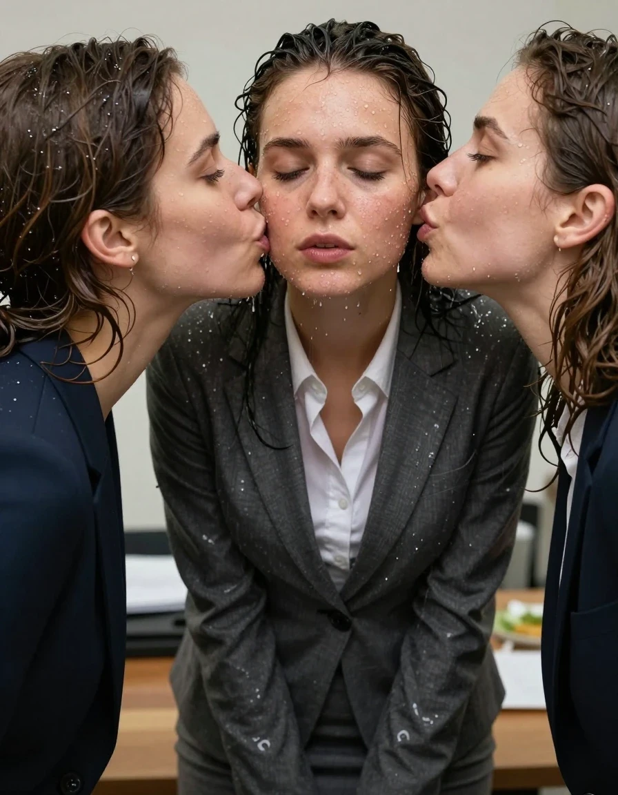 photo of young woman, in soaking wet, drenched clothes,
Shoes, Office trousers or skirt, Office shirt and jacket, Dinner at home, 
enjoying, wet clothes stuck to body,
detailed textures of the wet clothes, wet face, wet plastered hair,
wet, drenched, professional, high-quality details, full body view.
sharp focus, ultra-high pixel detail, realistic, high-quality, full colors, incredibly detailed, 4k, 8k, 16k, hyper-realistic, RAW photo, masterpiece, ultra-detailed, professionally color graded, professional photograph, Kissing two friends, wet skin, wet clothes, damp fabric