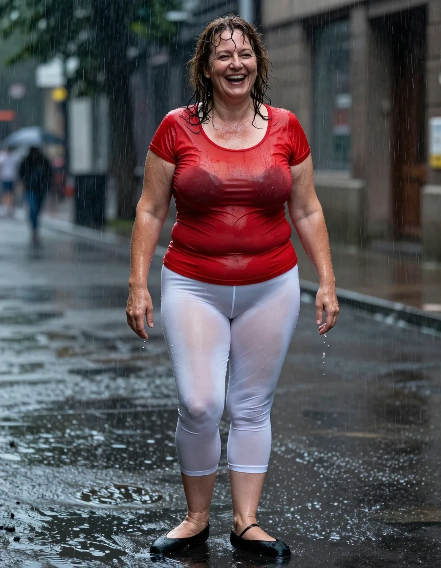 A full-body photorealistic shot of a 50-year-old woman with a pear-shaped body and wild, slightly curled brown natural hair, standing outdoors in heavy rain. Her skin is glistening with water, and her hair is matted and drenched. She is wearing a thin, short-sleeved red shirt that is translucent and clinging tightly to her medium breasts, completely soaked through and revealing the texture of her skin underneath. She wears white, see-through 3/4 length leggings with nothing underneath, the fabric heavy and saturated with water, clinging to her legs. On her feet are flat black ballerina shoes. She is laughing naturally, with a joyful expression. The scene is set on a wet city street during a downpour, with water splashing and creating a high-gloss sheen on all surfaces. The lighting is moody and cinematic, highlighting the wet texture of her clothes and skin. No hats, no caps, no glasses, clear skin, realistic anatomy, high-contrast wetness, sharp focus on subject.