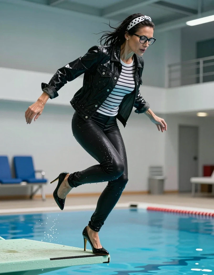 photo of young woman, in soaking wet, drenched clothes,
high-heeled shoes, long black shiny tight jeans, long shiny white & black striped t-shirt, black shiny denim jacket, jumping from the diving board into the water of the indoor pool, 
enjoying, wet clothes stuck to body,
detailed textures of the wet clothes, wet face, wet plastered hair,
wet, drenched, professional, high-quality details, full body view.
sharp focus, ultra-high pixel detail, realistic, high-quality, full colors, incredibly detailed, 4k, 8k, 16k, hyper-realistic, RAW photo, masterpiece, ultra-detailed, professionally color graded, professional photograph, europen brunette skinny woman 50 years old, long dark black hair, white polka-dot headband, office glasses, very big and thick lips, complete body, wet skin, wet clothes, damp fabric, wet skin, wet clothes, damp fabric, wet skin, wet clothes, damp fabric, wet skin, wet clothes, damp fabric, wet skin, wet clothes, damp fabric, wet skin, wet clothes, damp fabric, wet skin, wet clothes, damp fabric